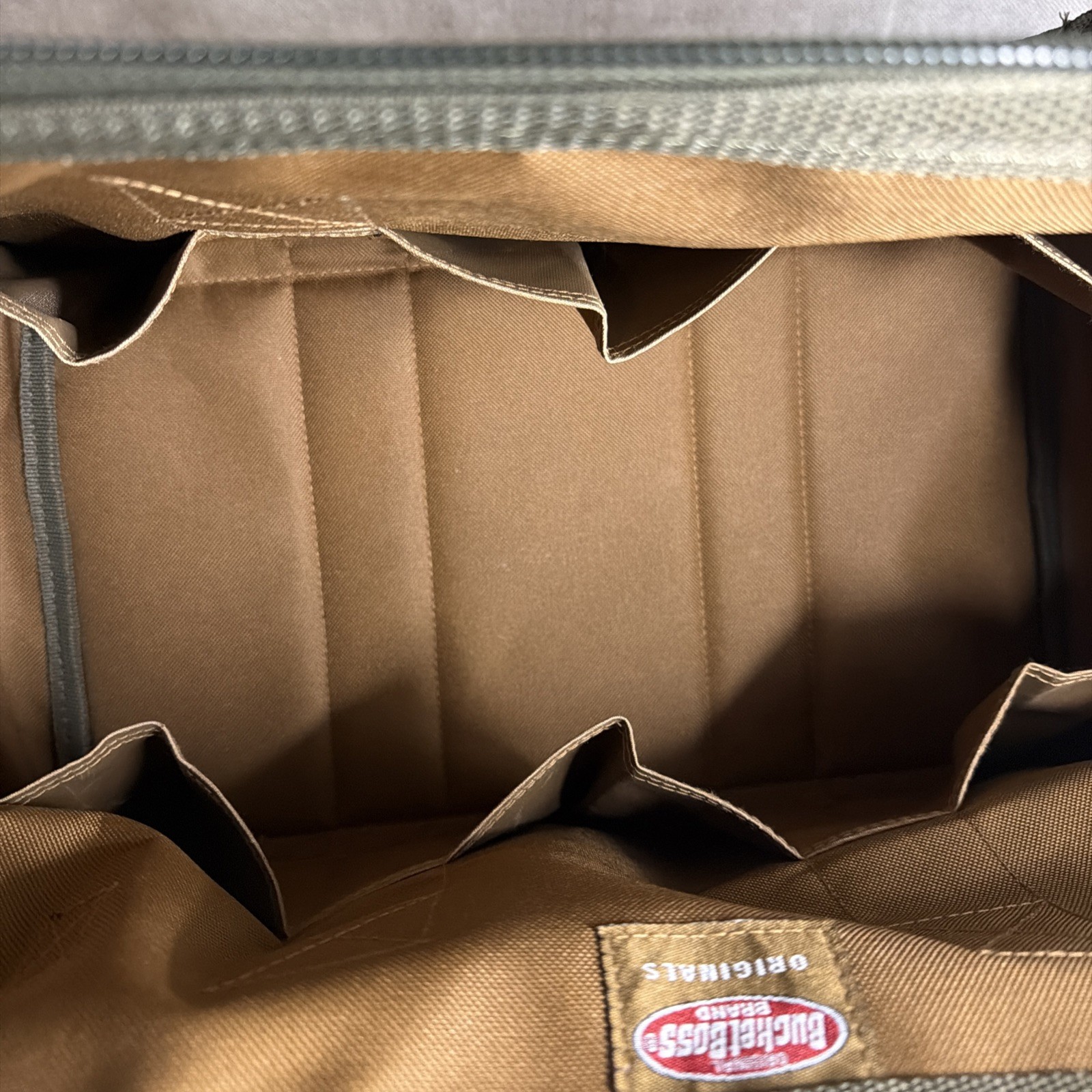 Bucket Boss Tool Bag: 16 Inches Wide 12 Pocket Brown And Green Heavy Duty NEW.