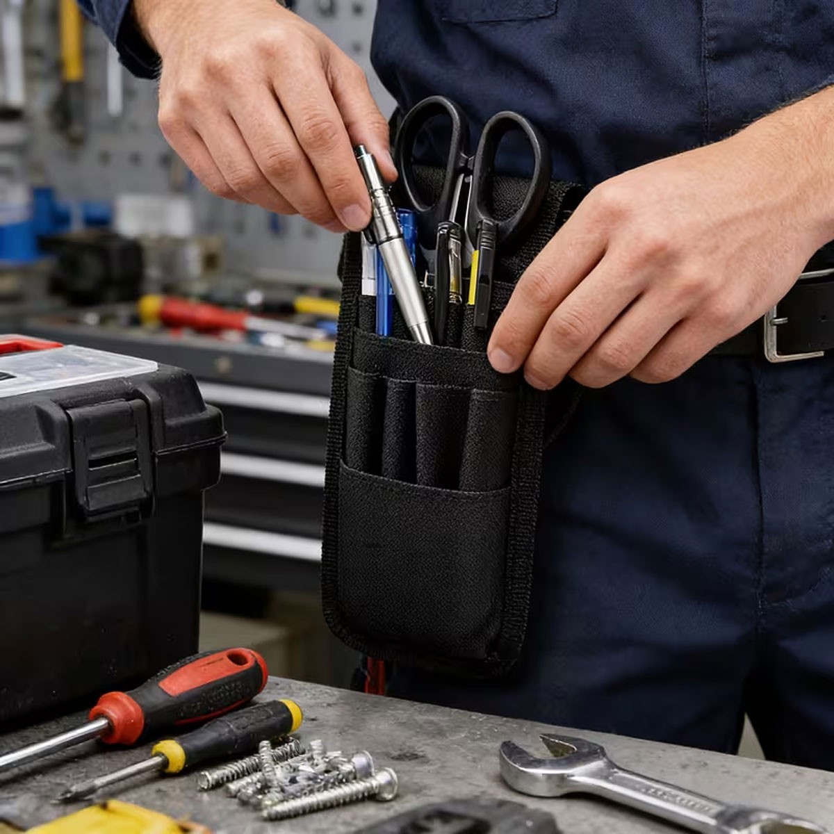 2pcs Belt Tool Pouch With 6-Pockets Heavy-Duty Tool Pouches Pen Holder Black