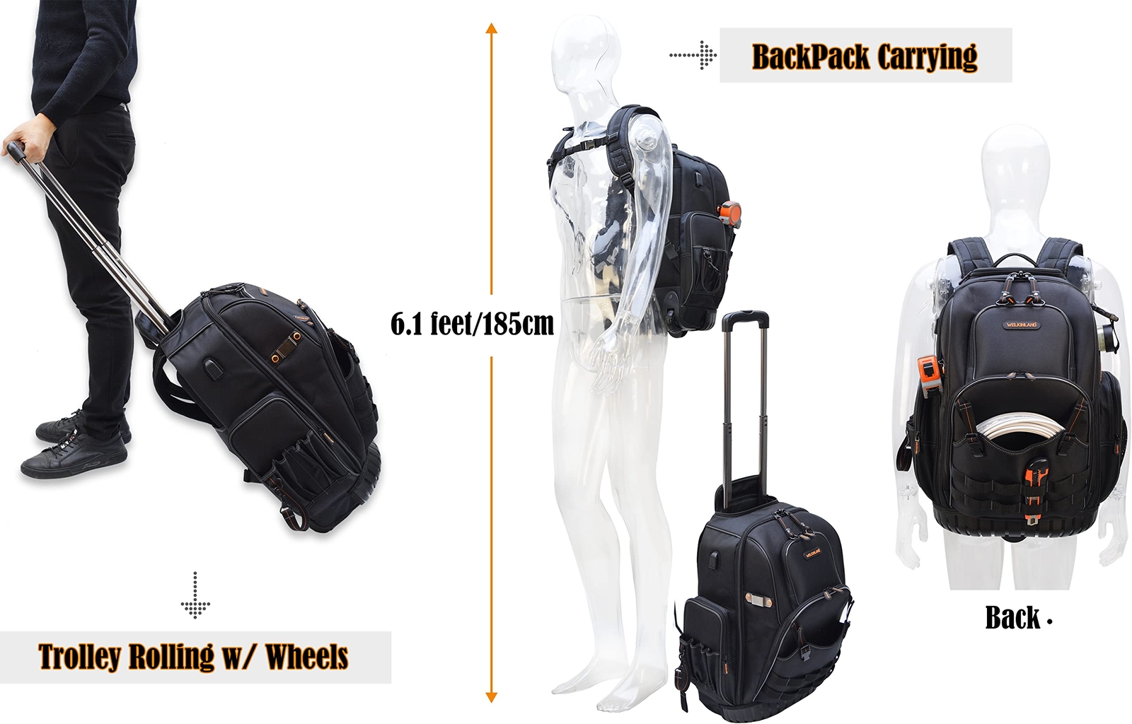72pockets Rolling Tool Backpack Large Tool Bag With Wheels Rolling Electrician B