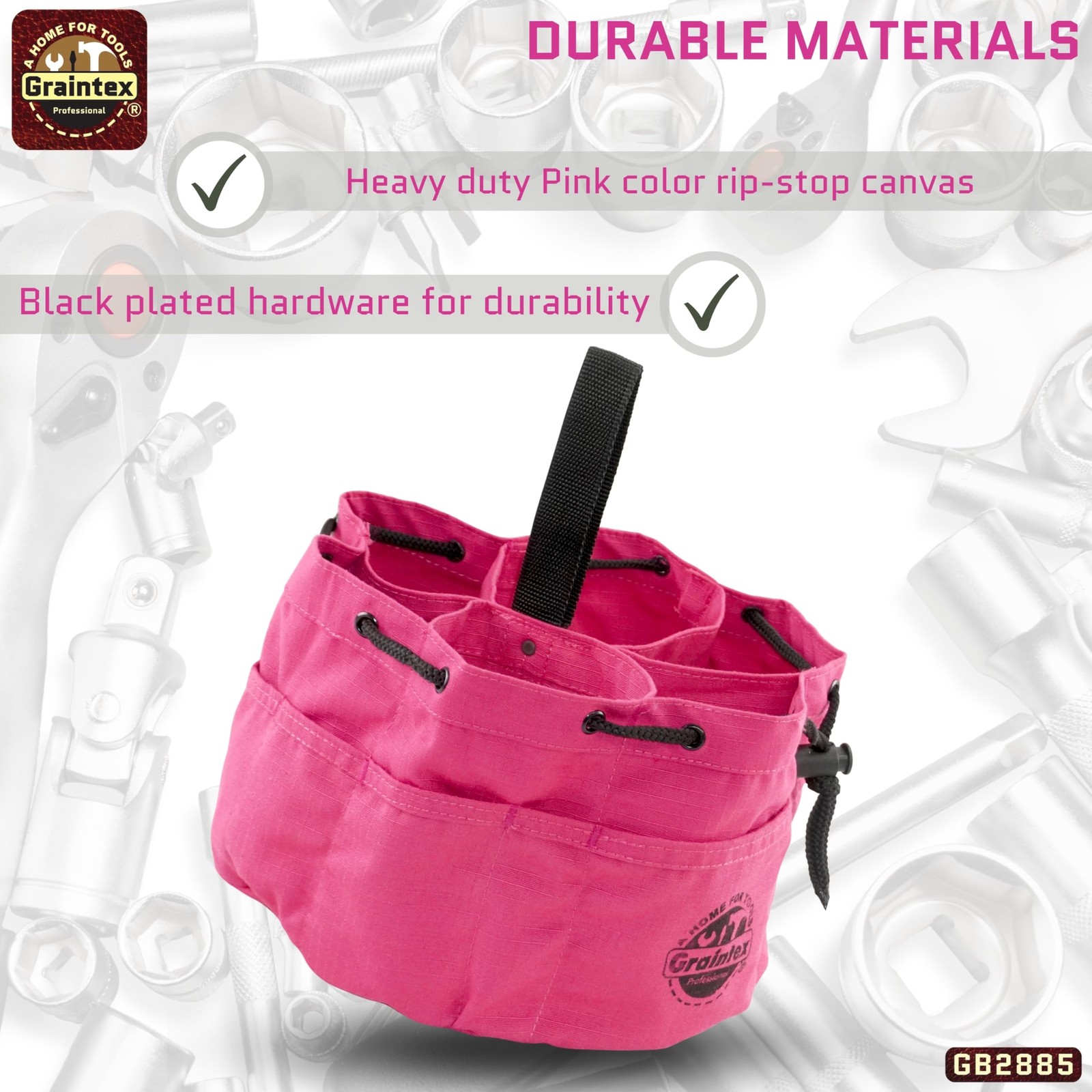 Pink Tool Grab Bag Durable Canvas Organizer with Drawstring Closure and Pockets