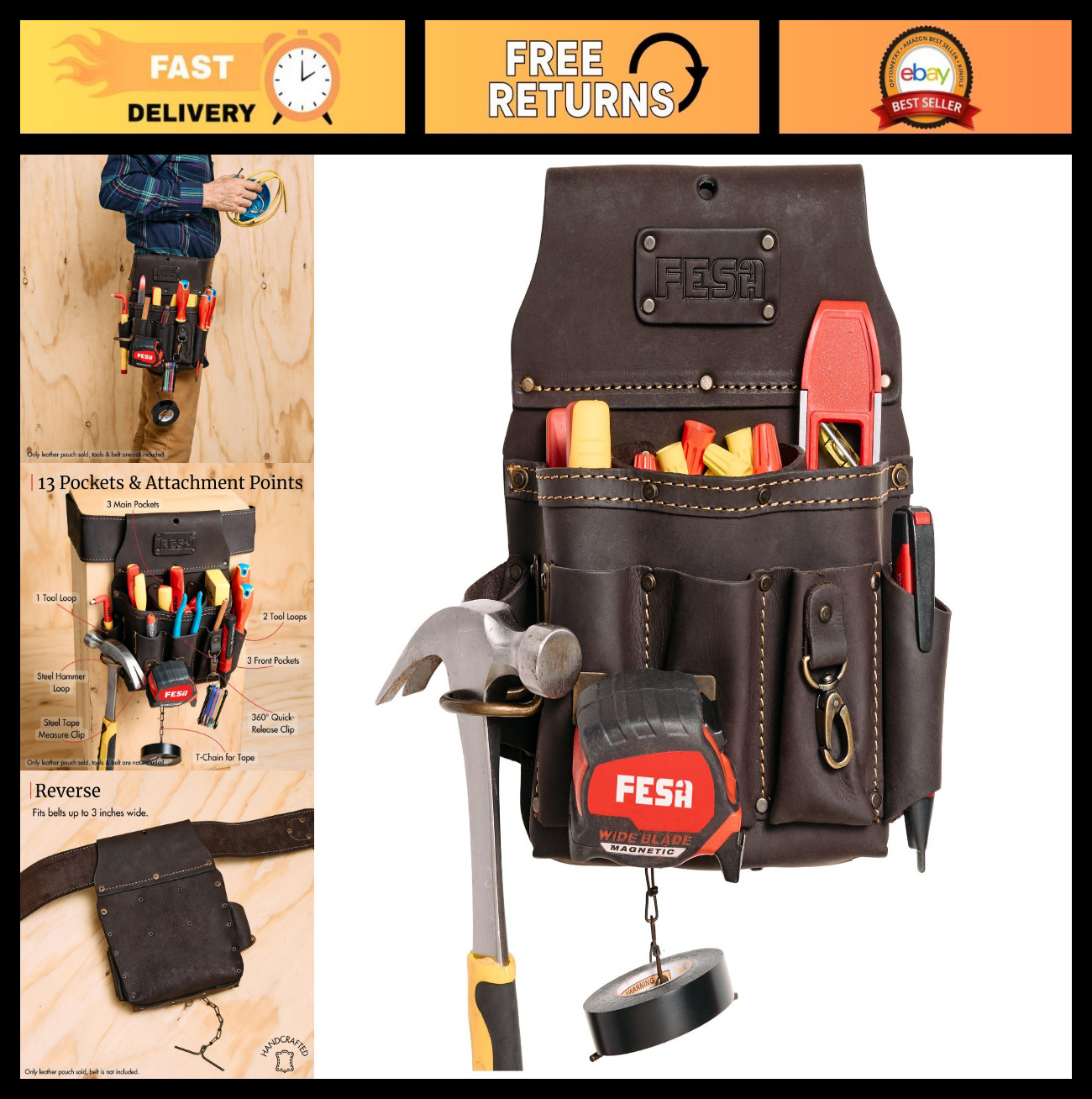 13-in-1 Leather Electrician Tool Pouch w/Hammer Loop, Tape Measure Clip & 6 Pock