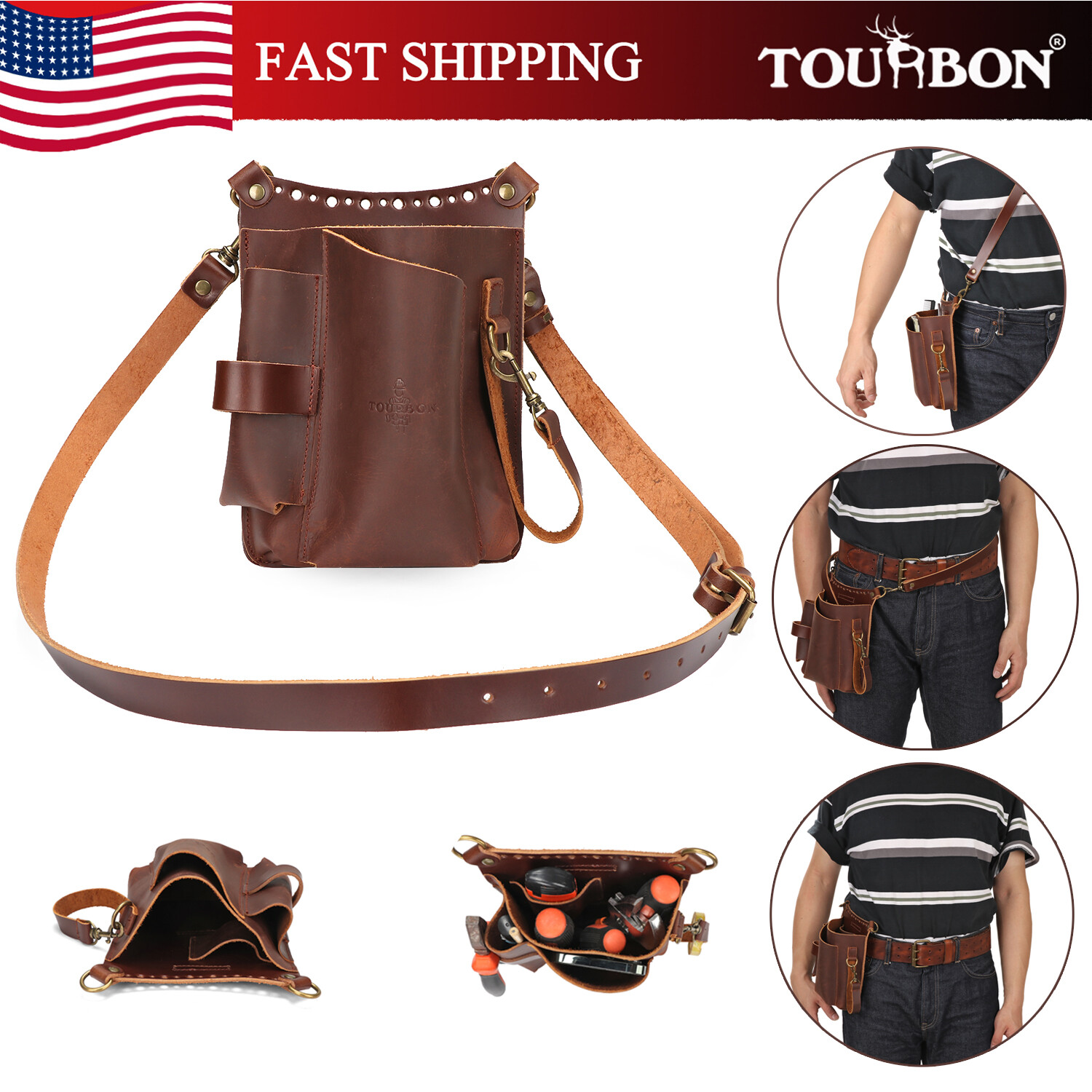 TOURBON Vintage Leather Tools Organizer Waist Pouch Phone Pocket Crossbody Bag