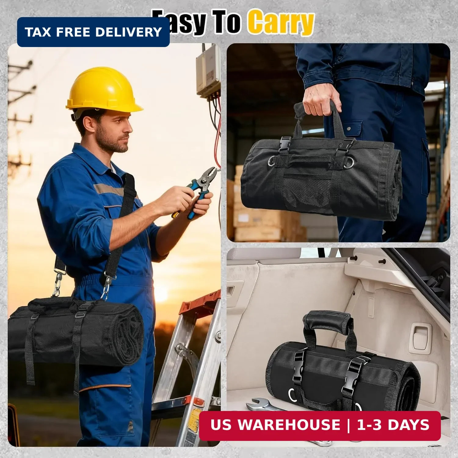 Tool Bag,Large Roll-Up Tool Bag Organizer with 28 Pocket Organizer, 34 Socket Sl