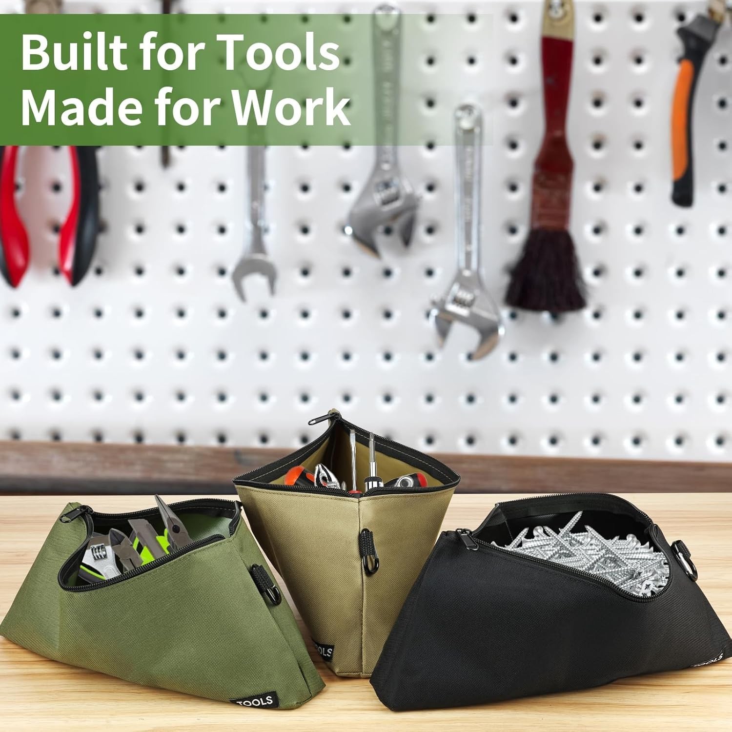 3-Pack Tool Pouches with Zipper & Carabiner Heavy Duty Utility Storage Bags