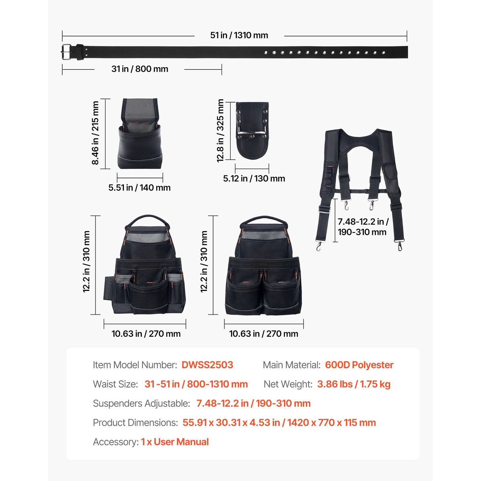 Adjustable 19-Pocket Tool Belt, 600D Polyester, 31-51in Waist