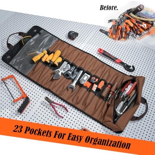 23-Pocket Heavy-Duty Canvas Tool Roll Bag, Waterproof Tool Wrap Organizer, Easy-