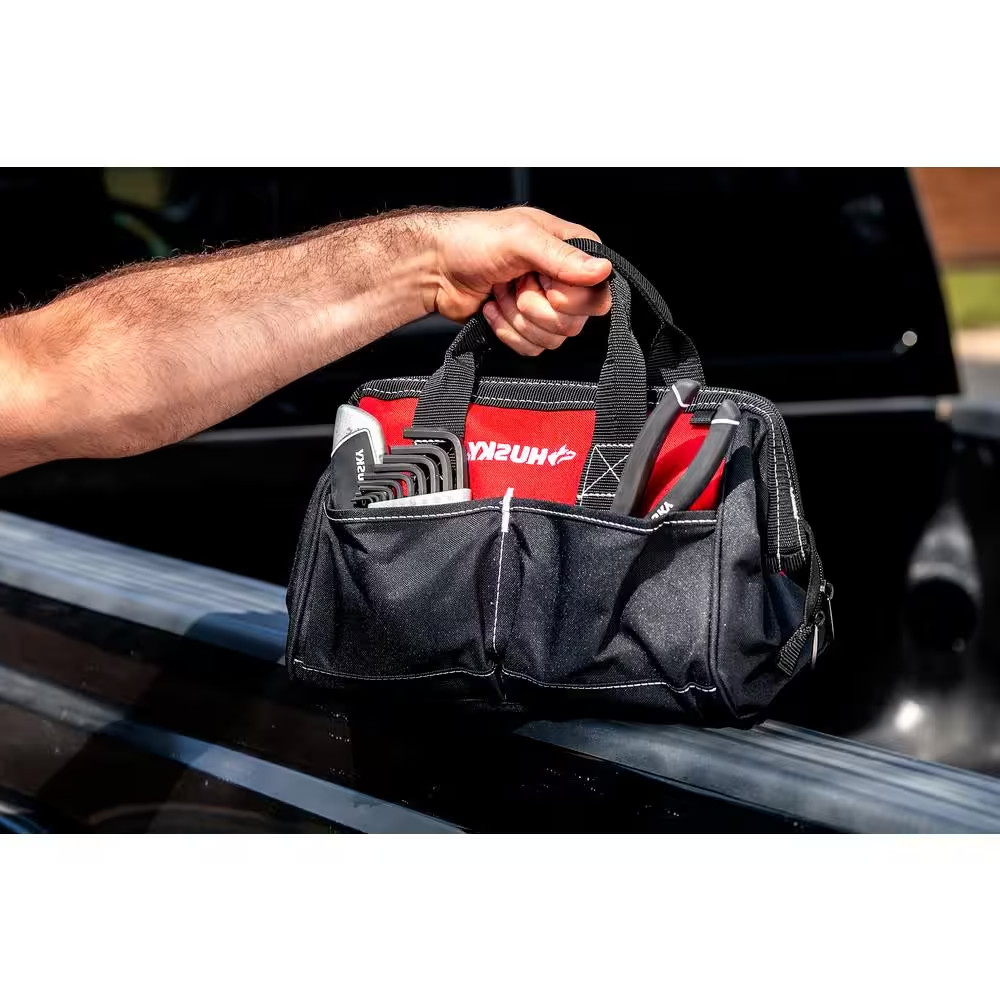 Tool Bag Wide Mouth with Shoulder Strap 4 Pocket – 12 in. W x 9 in. L x 7 in. H