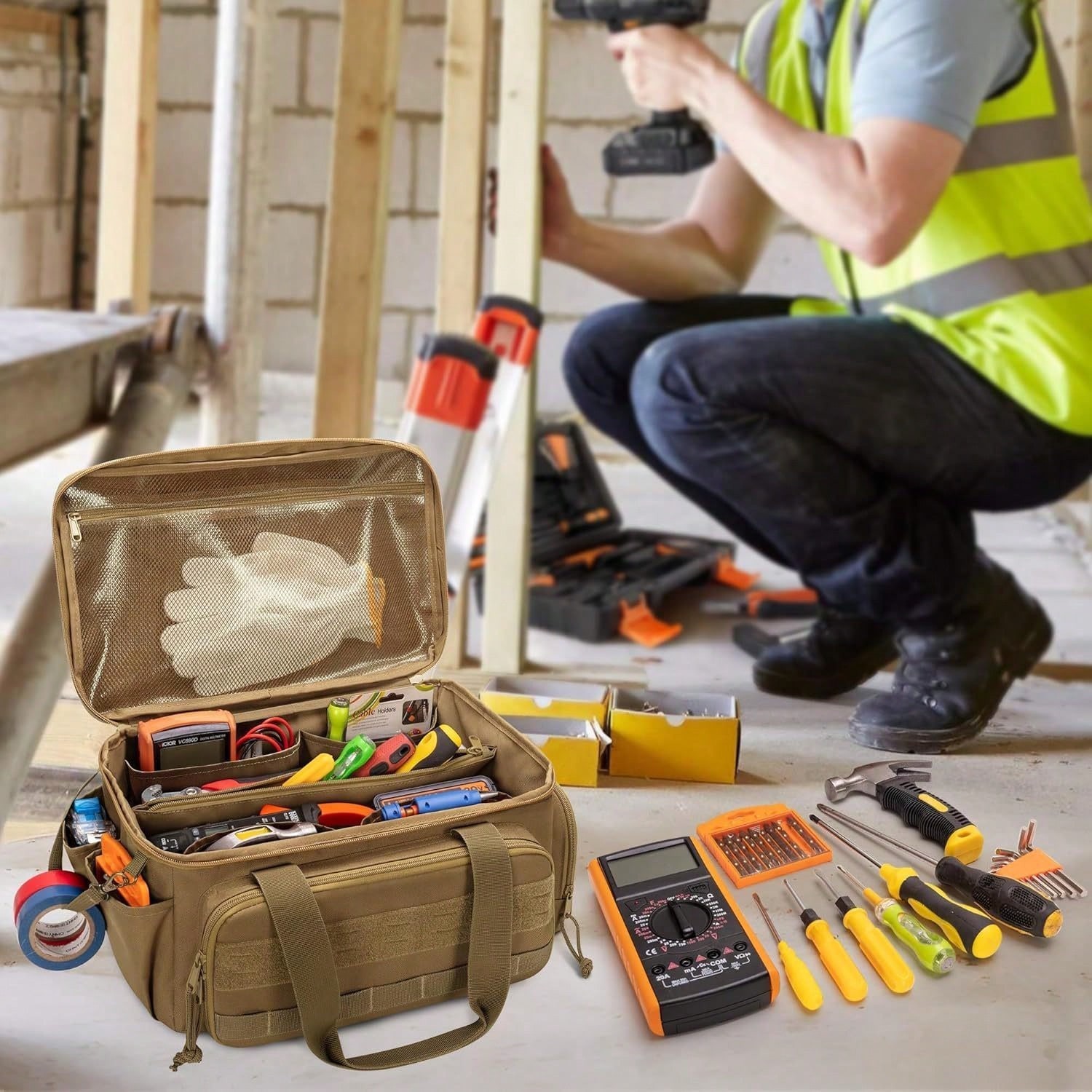 Multi-Function Tool Storage Bag Khaki Tool Organizer Bag EDC Shooting Range Bag