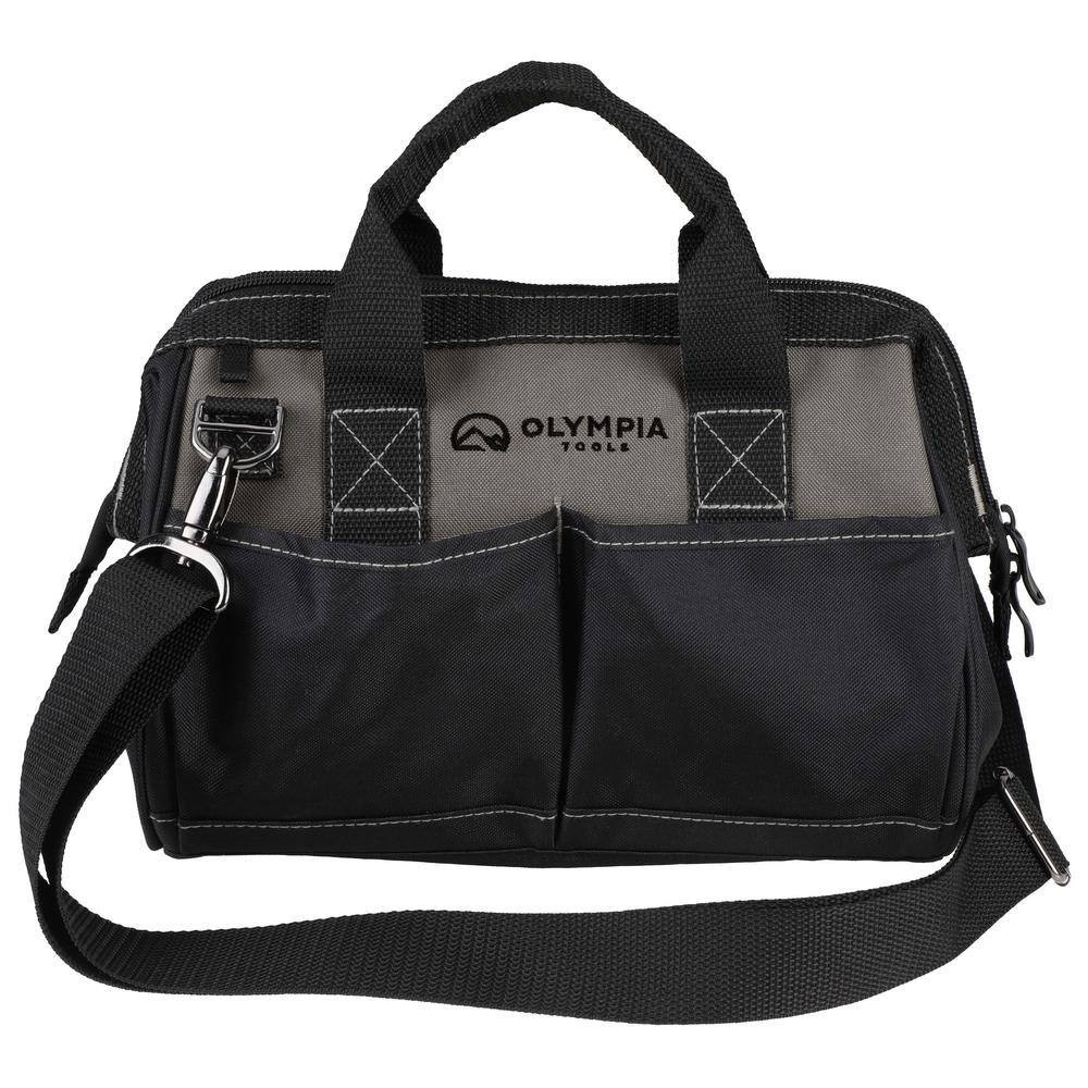 12 In. Black Water-Resistant Tool Bag with Dual Zipper, Adjustable Shoulder Stra