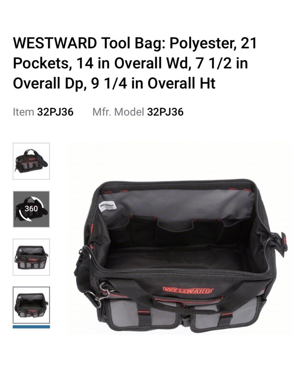 WESTWARD Wide-Mouth Tool Bag, 600d Polyester, 21 Pockets, Black, 32PJ36