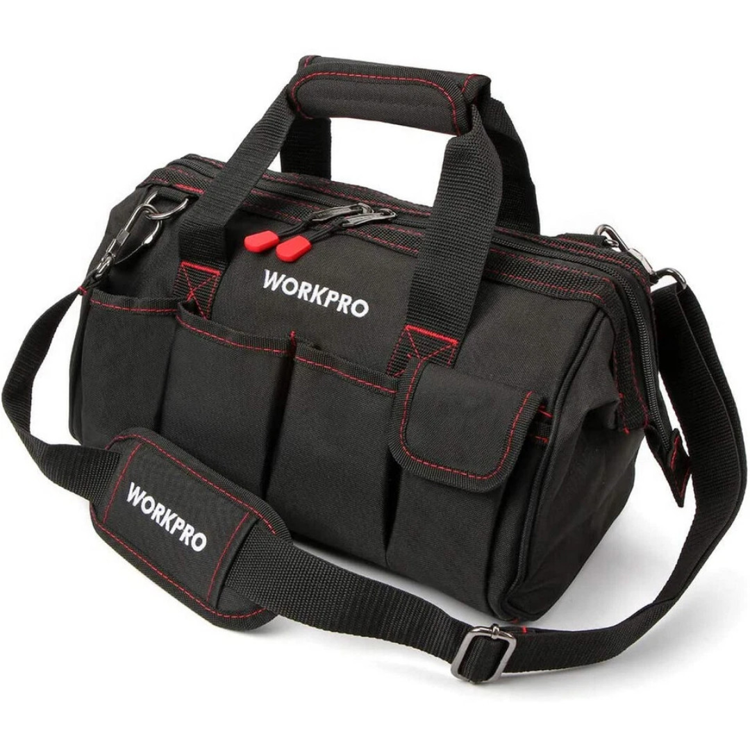 WORKPRO 16″/14″/12″ Wide Mouth Tool Bag Black Tool Storage Tote with Rubber Base