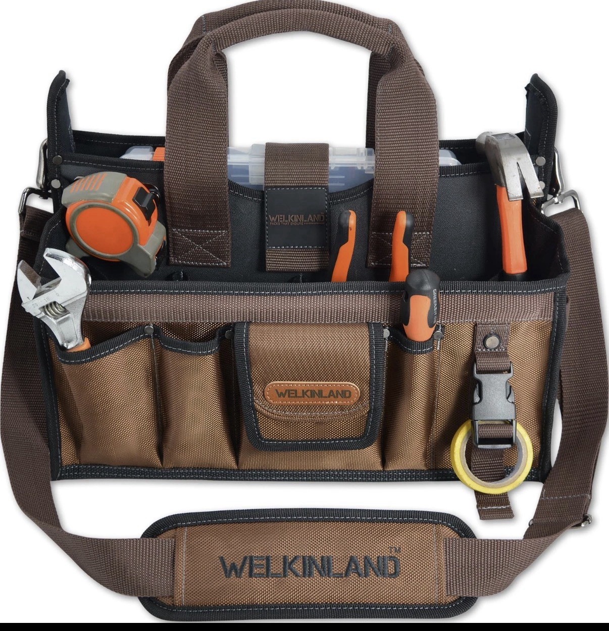 WELKINLAND 20-Pockets Tool Tote Bag, 16″ Electrician Black/Brown