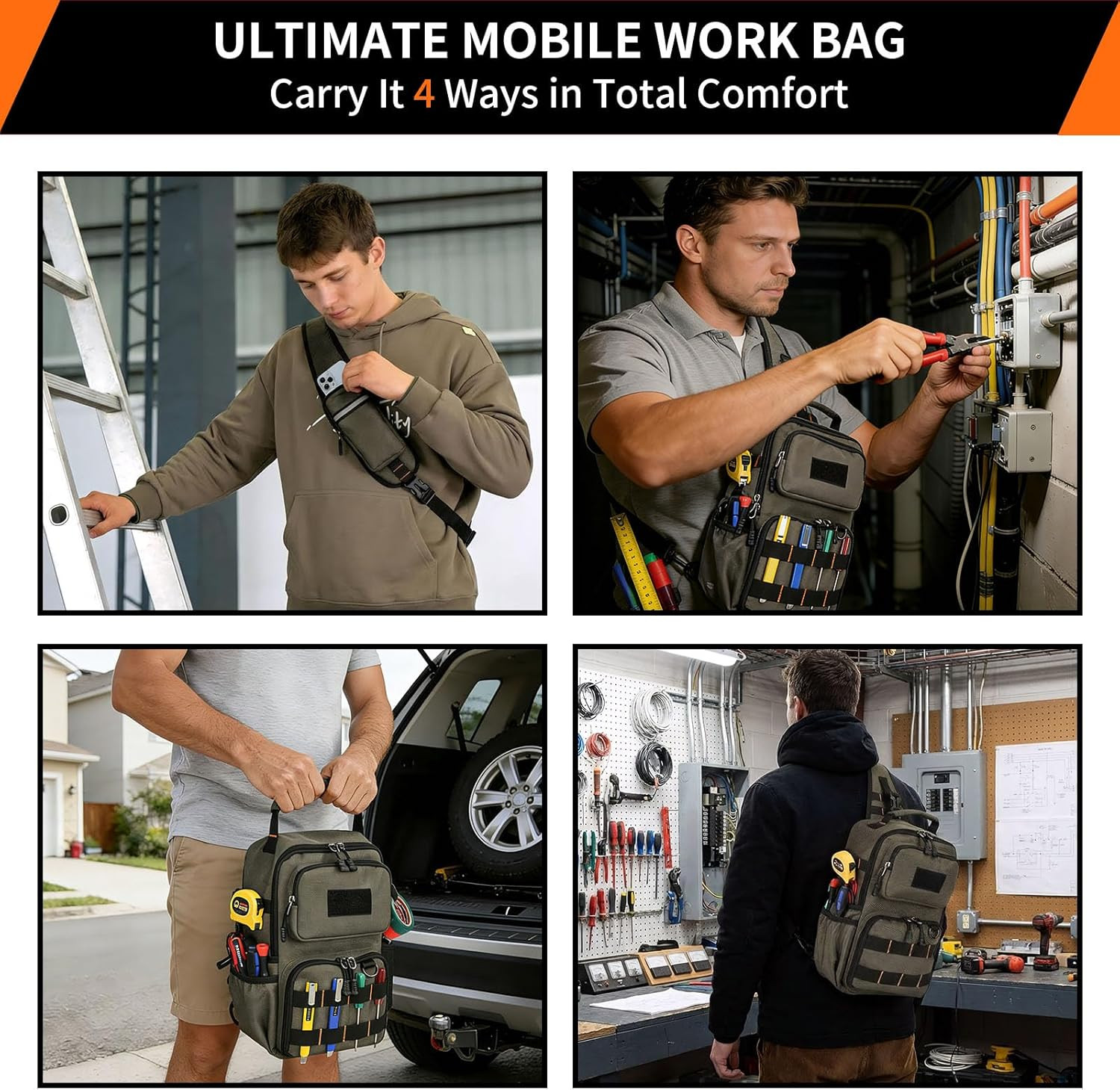 Tactical Electrician & HVAC Tool Chest Bag with 3-Point Harness, Small Tool Pouc
