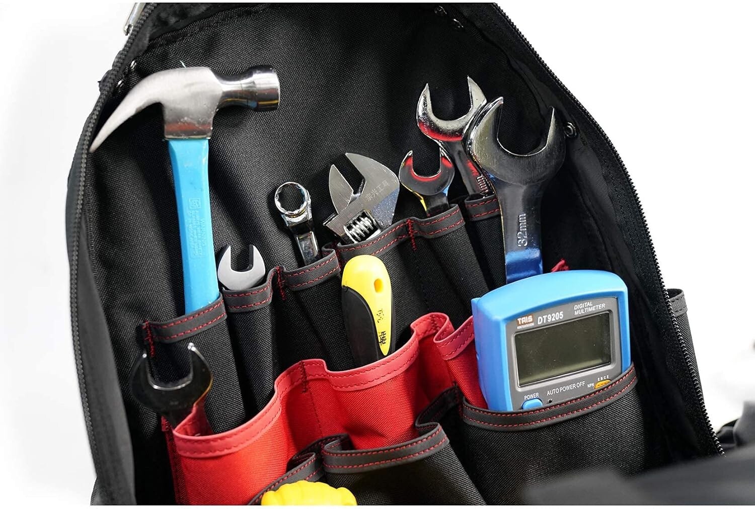 Multi-Functional Tool Backpack with Wheels & Laptop Compartment – Red & Black
