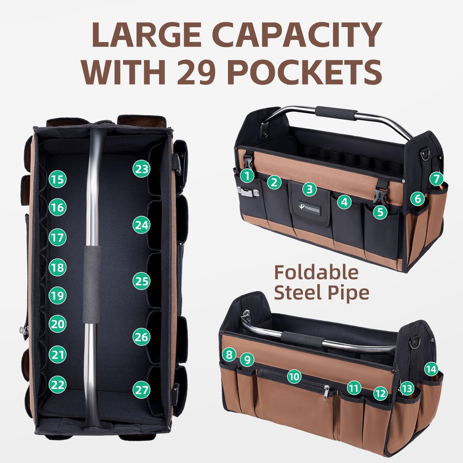 20 Inch Tool Bag Foldable 19 Pockets Organizer Open Top Tote Shoulder Strap