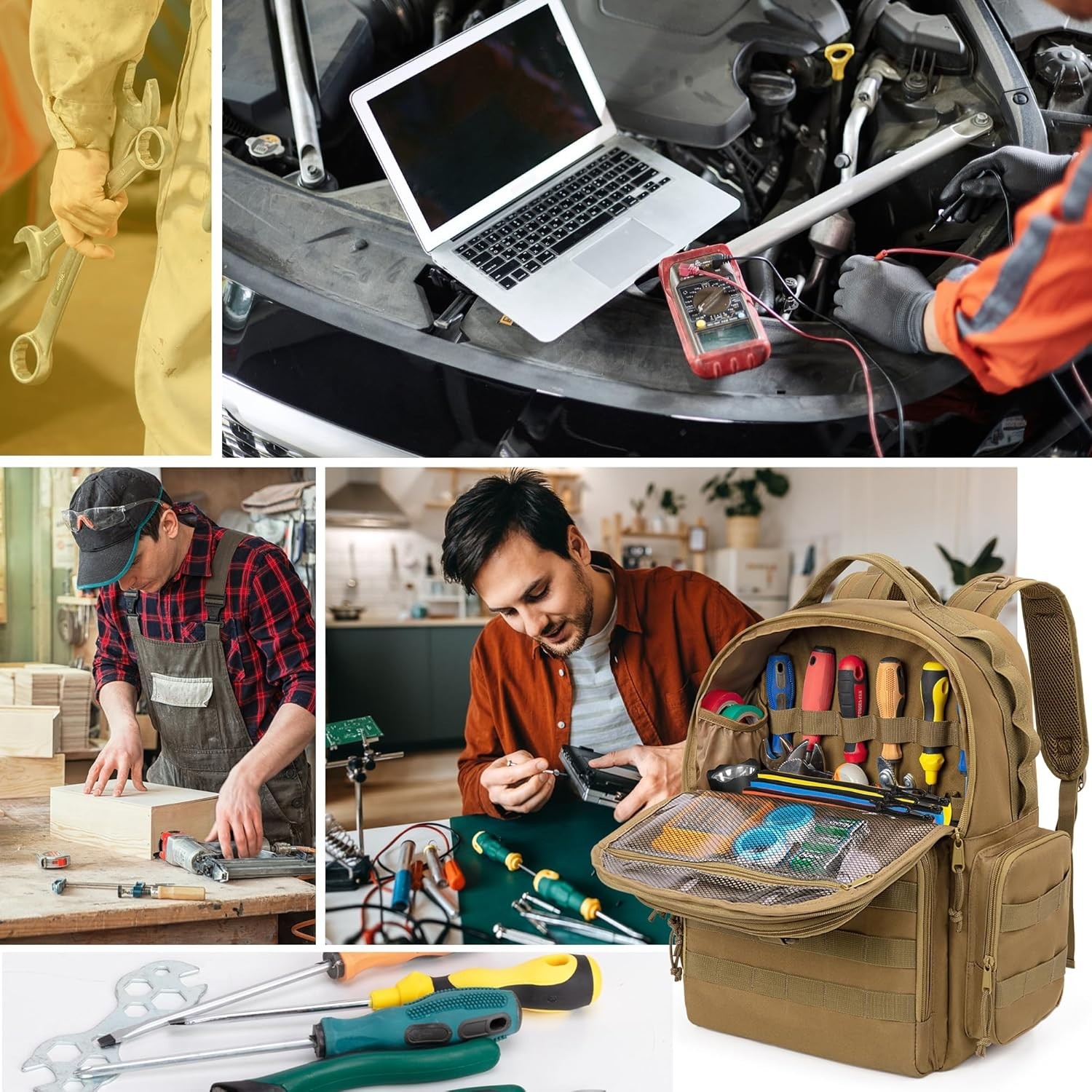 Khaki Heavy-Duty Tool Backpack with 3 Pouches for Electrician Repairmen