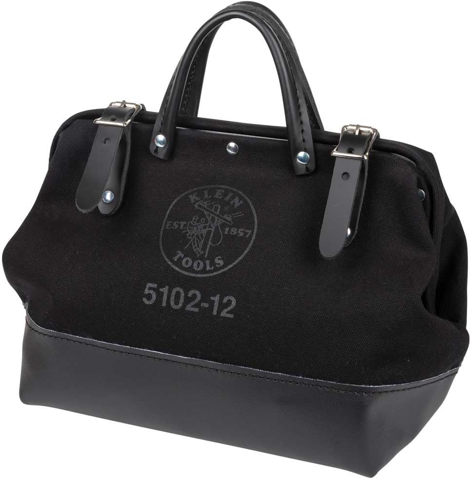 Heavy Duty Black Canvas Tool Bag with Wide Hinged Opening and Leather Handles, 1