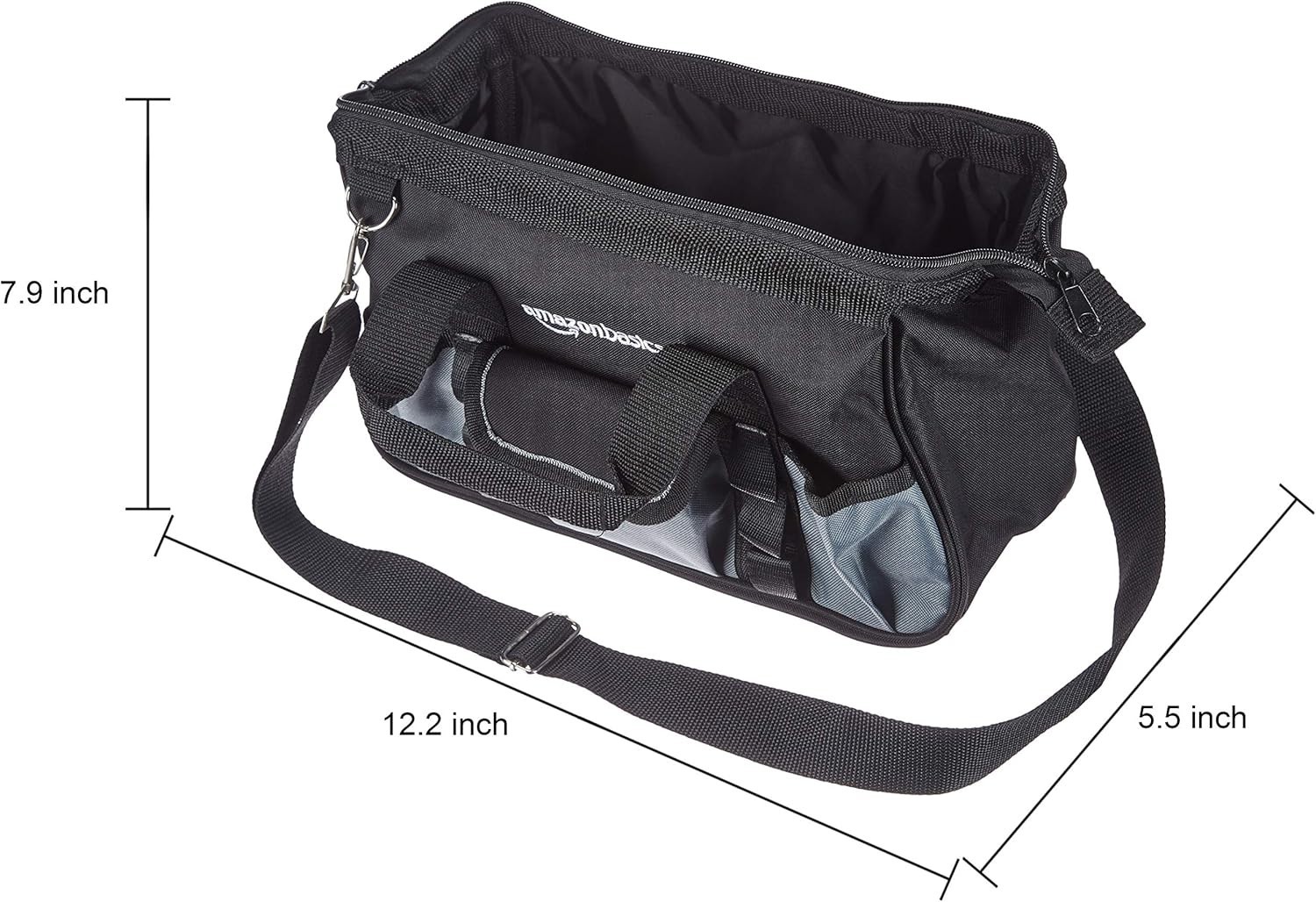 Durable Tool Storage Bag with 16 Pockets & Adjustable Strap, 12in, Black & Gray