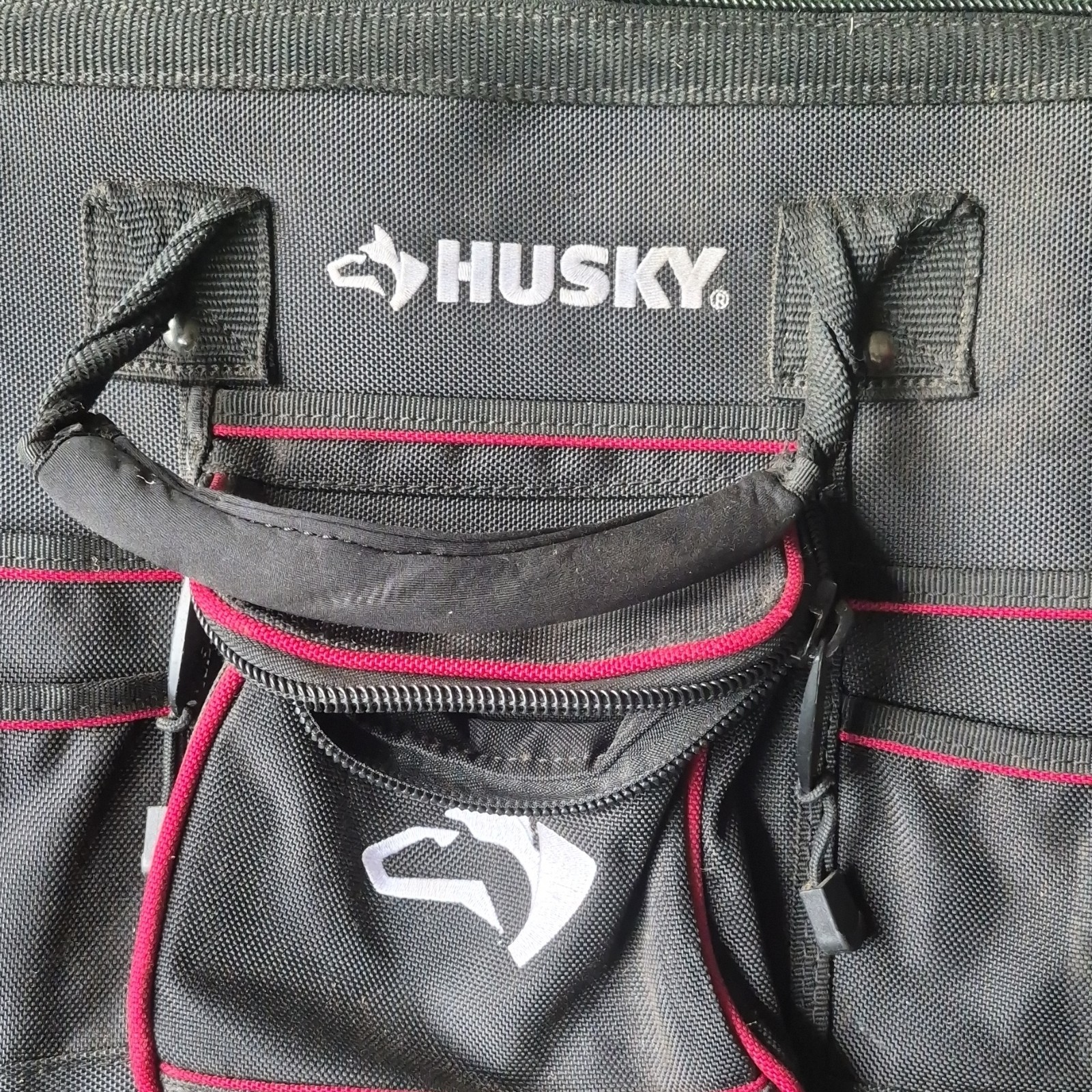 Husky Tool Bag Set of 2 Black Red Trim Multiple Compartments Zippered Handle