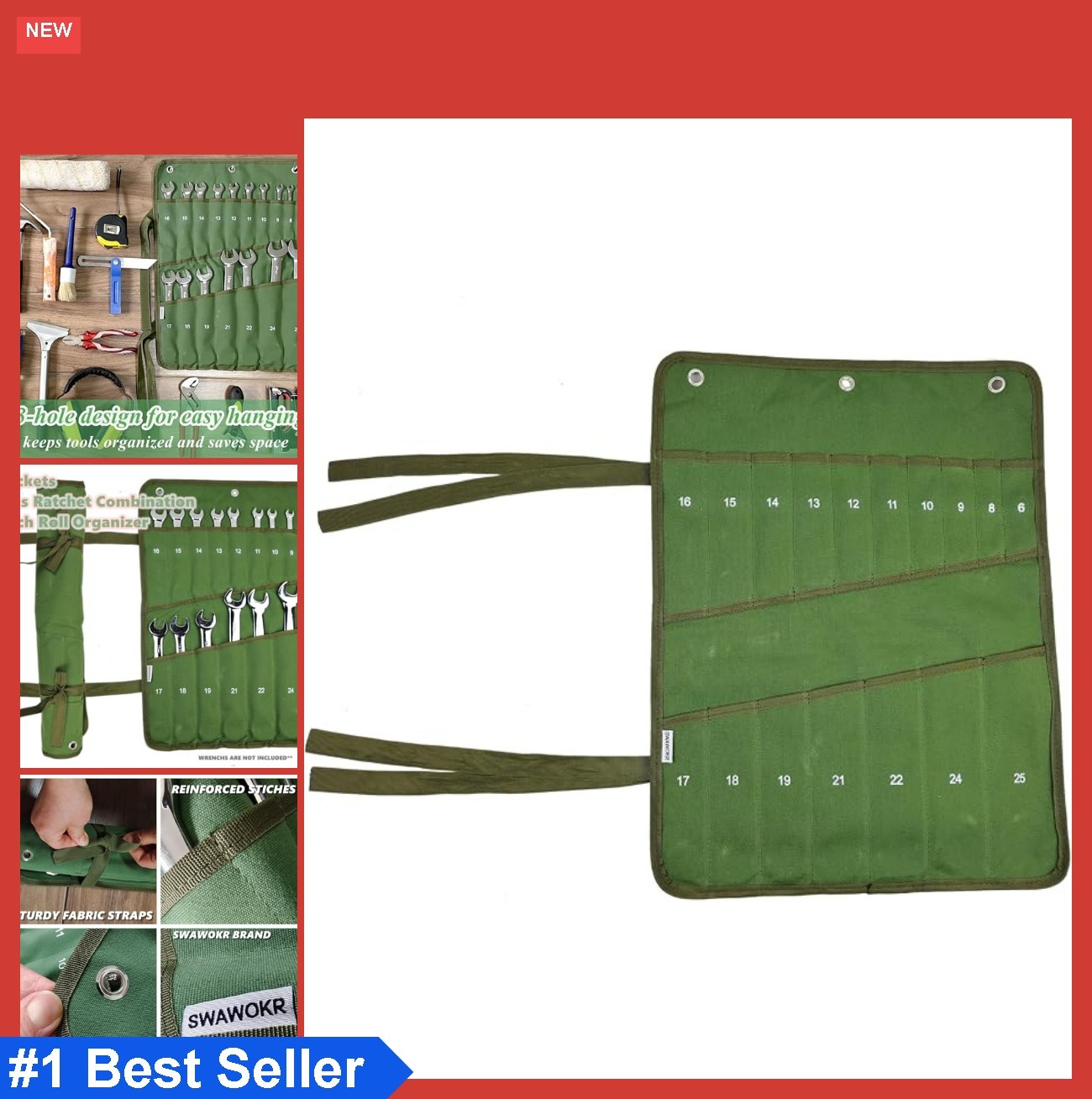 17 Pocket Canvas Wrench Roll Organizer Heavy Duty Waterproof 21×16 Wall Mount