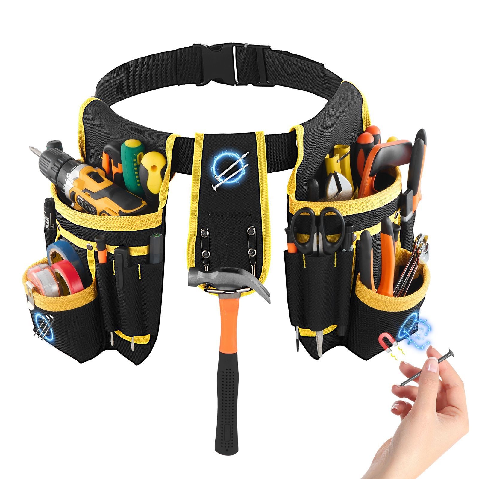 Carpenter Tool Belt with Magnets, 28 Pockets, Reinforced 600D Polyester