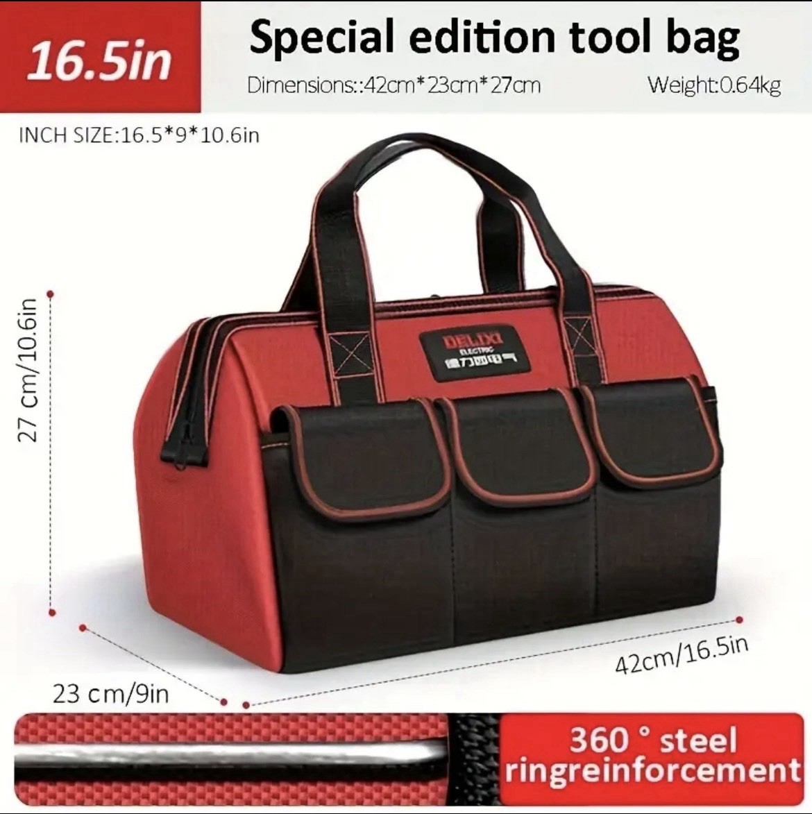 Delixi 1680D Thickened Oxford Cloth Tool Bag, 16.5”, Multi-pocket Large Capacity