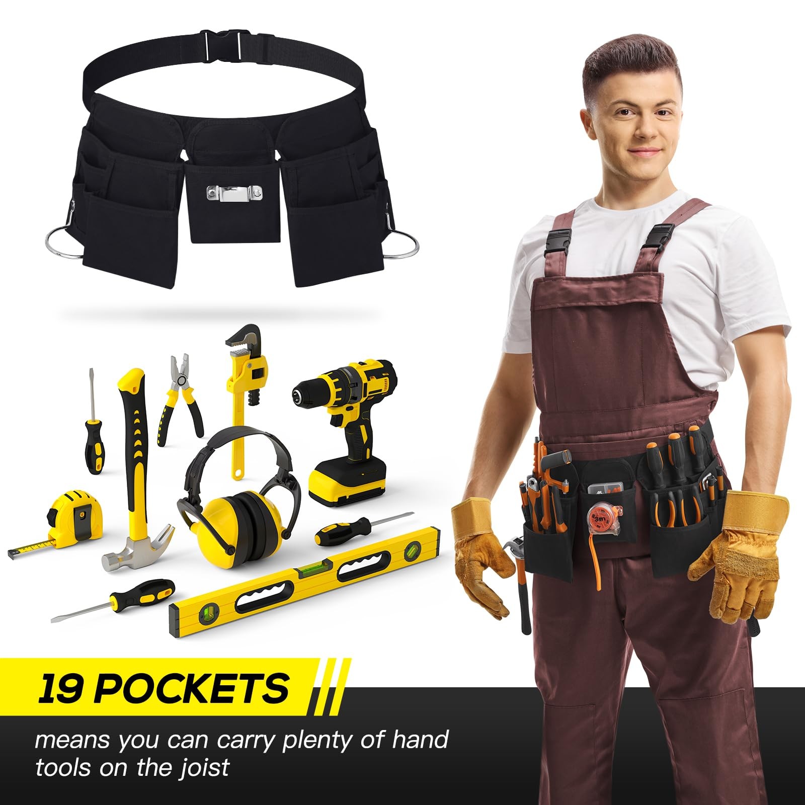 19 Pocket Tool Belt Quick Release Buckle Heavy Duty Adjustable Electrician Blk