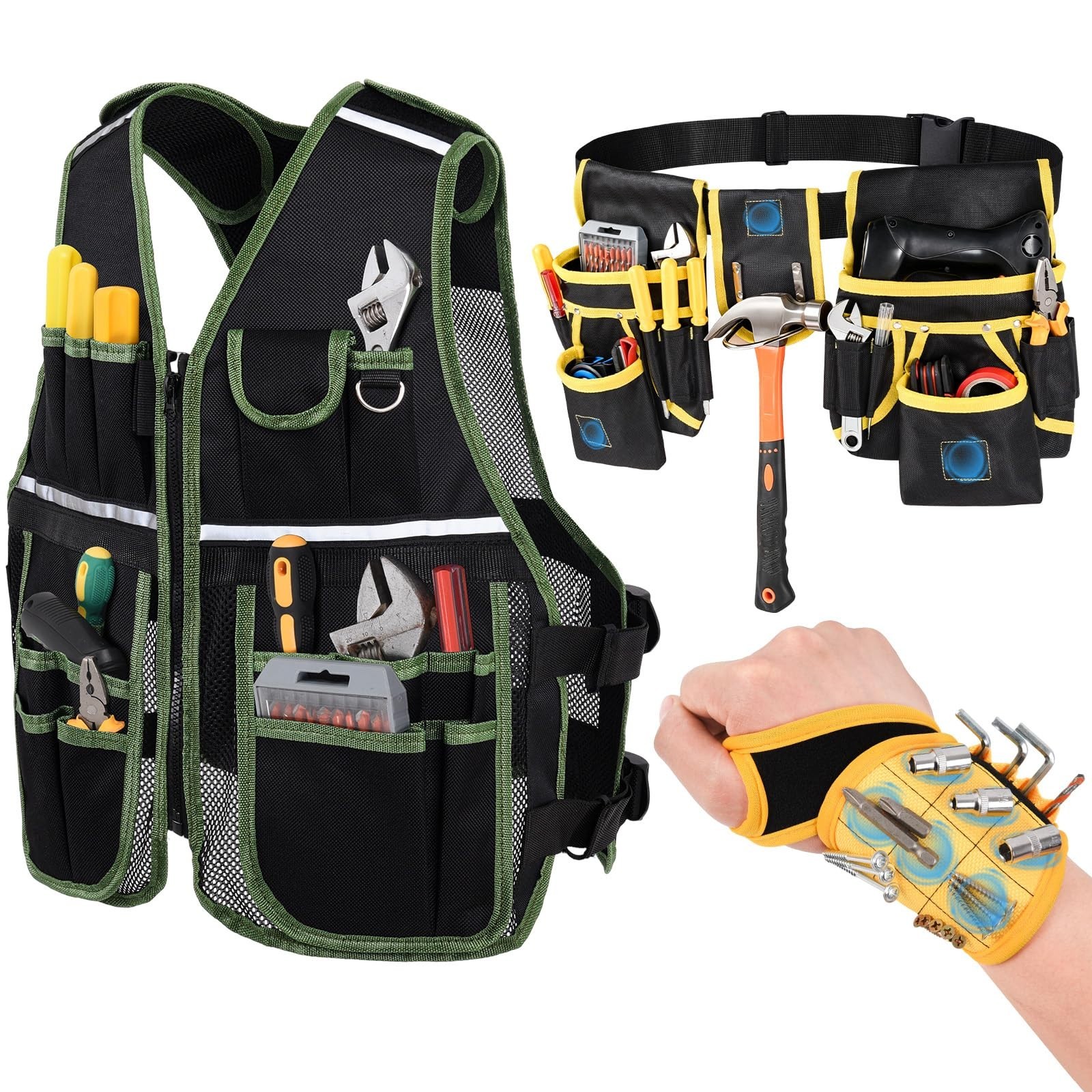 Adjustable 3-in-1 Tool Vest with Magnetic Wristband & Belt | Breathable, Multi-P