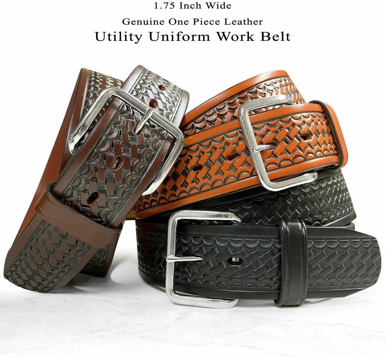 Full Grain Leather Work Belt 1-3/4″ Wide, Silver Buckle