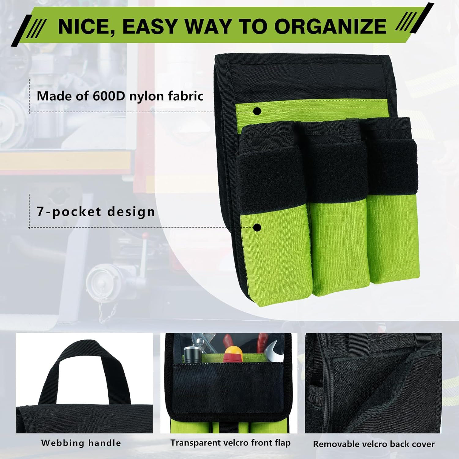 7-Pocket Firefighter Tool Pouch with Carry Handle and Flap, Fits in Bunker Gear