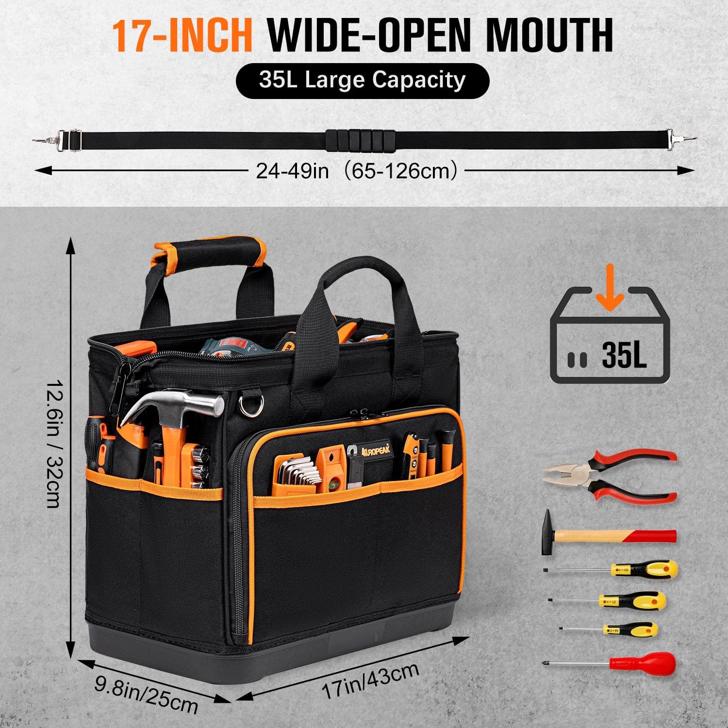 Electrician Tool Bag 17-Inch, 17IN Hard Bottom Bag, Black-orange