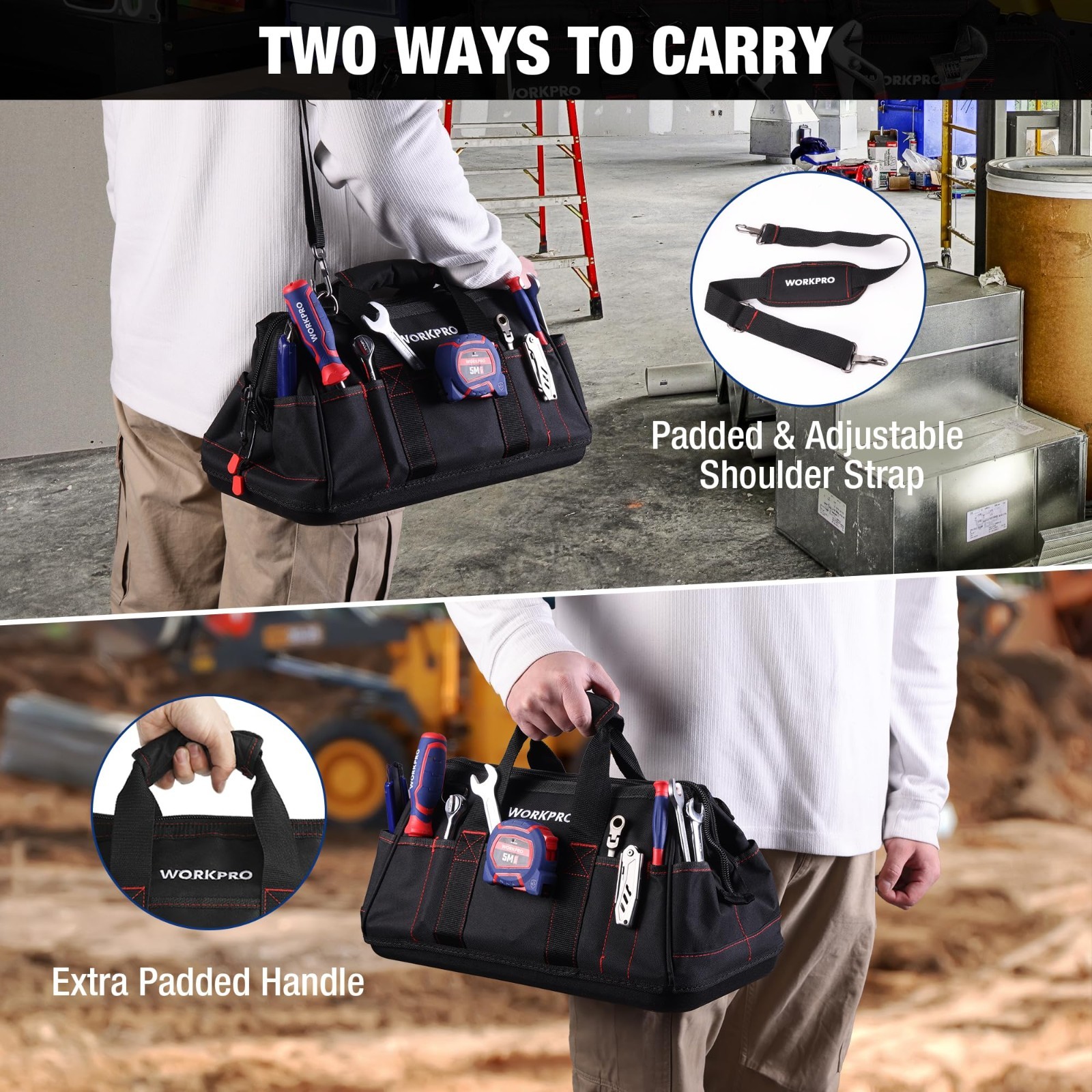 16″ Wide Mouth Tool Storage Bag with Waterproof Base, Heavy-Duty Organizer, Dura
