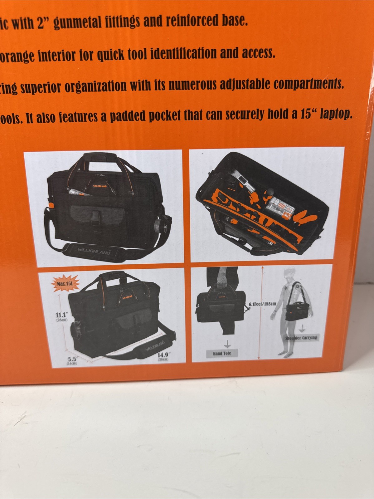 WELKINLAND 15-Pockets Electrician Tool Box Shoulder Tote Bag Large Black Orange