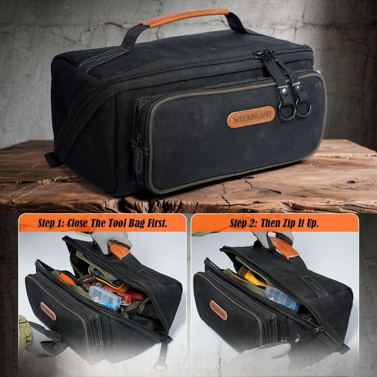 WELKINLAND 13-Inch Waxed Canvas Layflat Tool Pouch Organizer with 5 Pockets