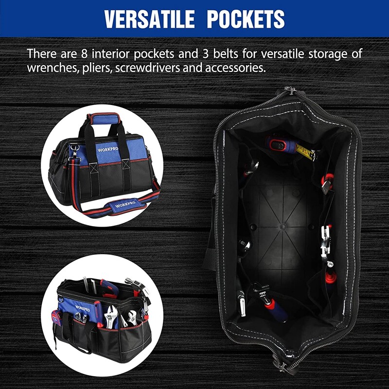 WORKPRO 16-inch Heavy Duty Wide Mouth Tool Bag Tool Storage Bag w/Shoulder Strap