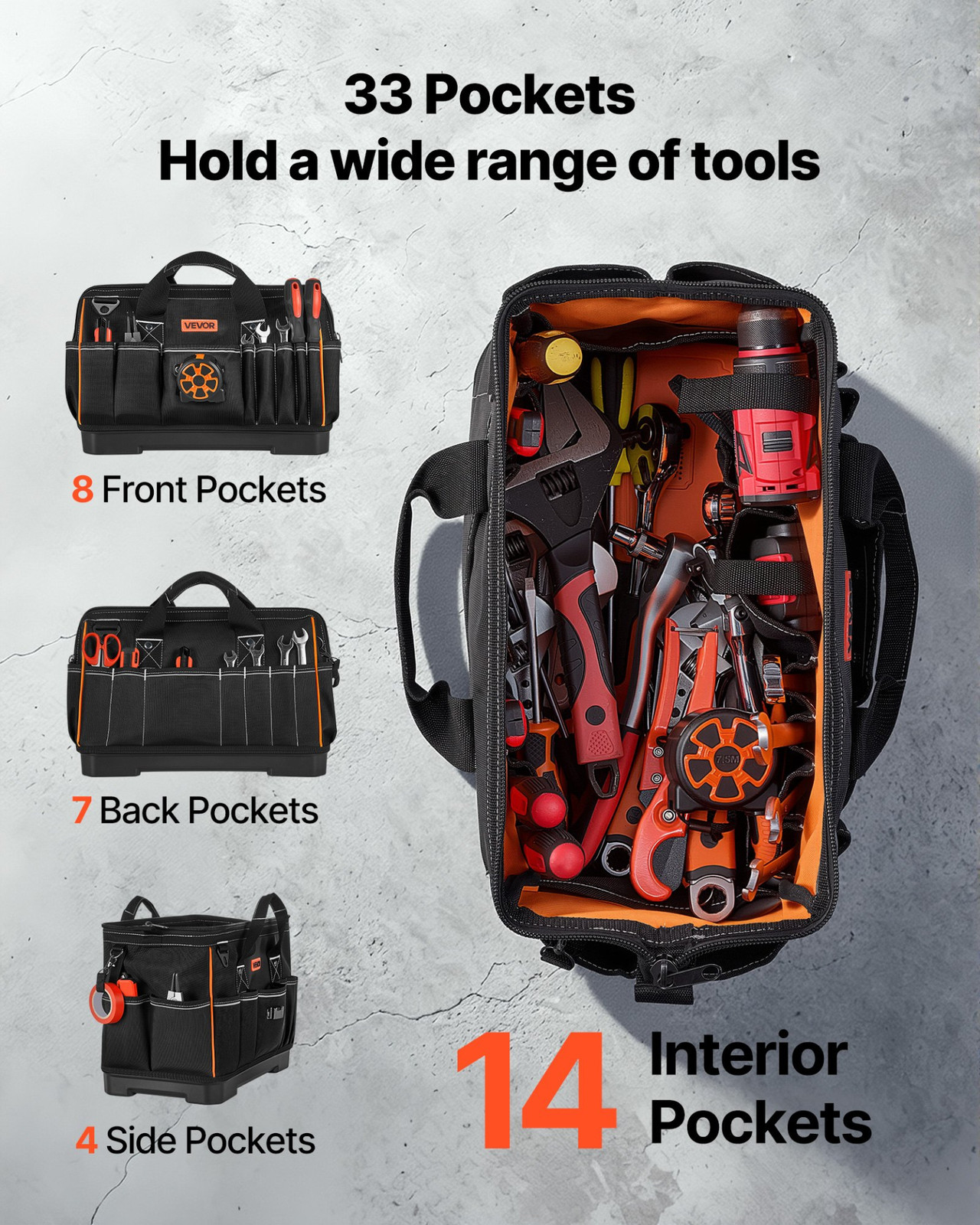 16.1″ Tool Bag 33 Pocket Toolbox Organizer w/ Water Resistant Base