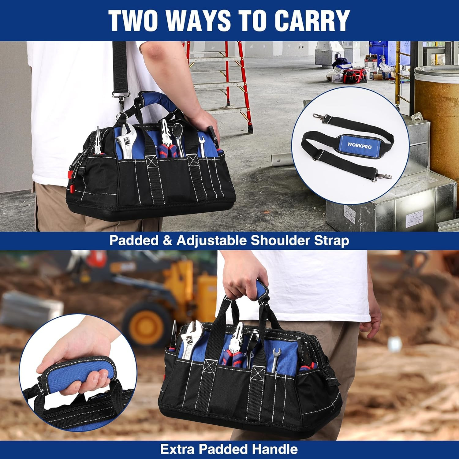 16-Inch Wide Mouth Tool Bag with Water Proof Molded Base | Heavy Duty Cloth Tool