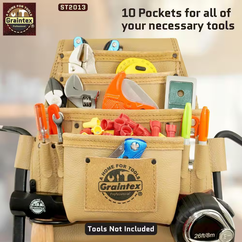 10-Pocket Rugged Top Grain Leather Nail and Tool Pouch