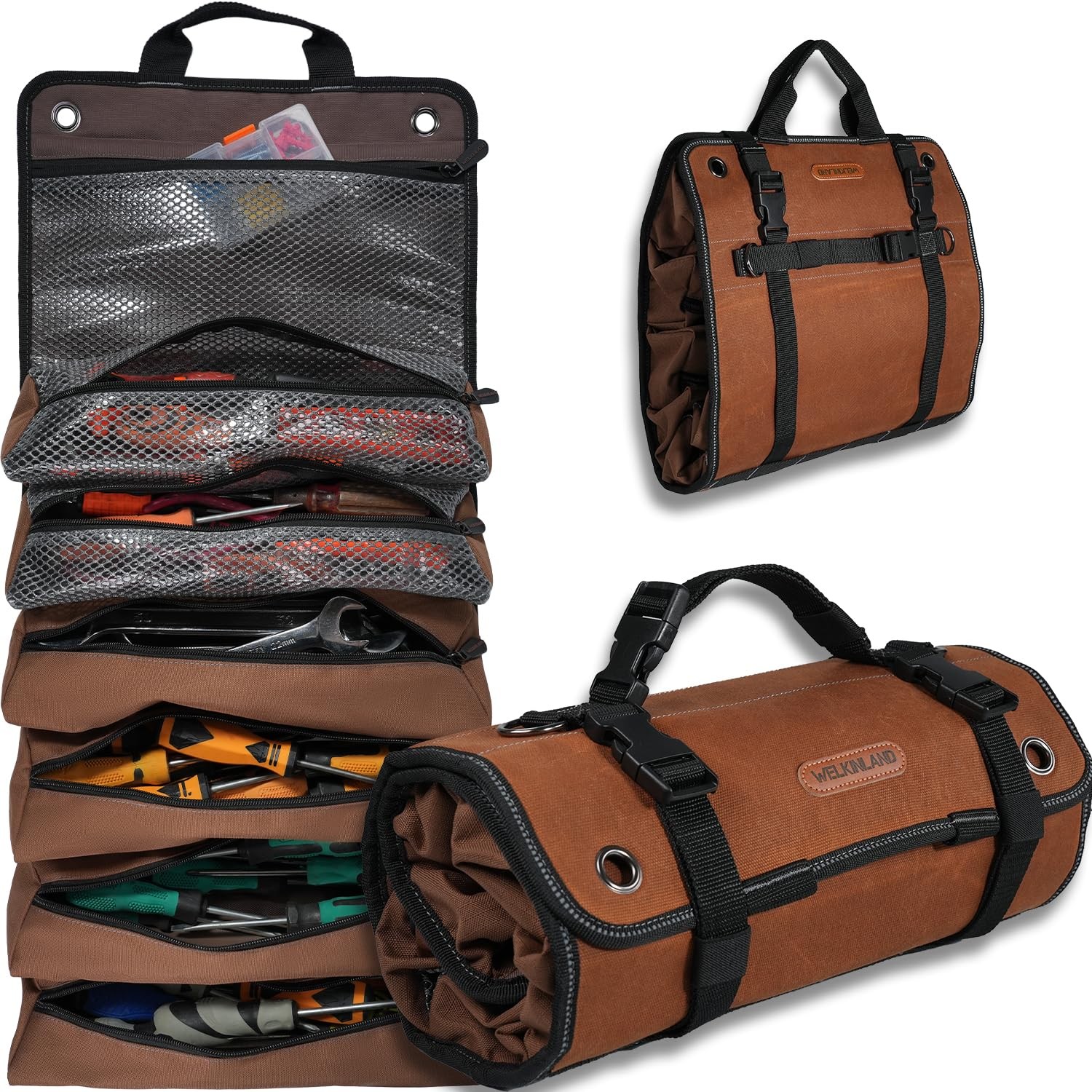 WELKINLAND Heavy-Duty Waxed Canvas Tool Roll, 7-Pockets Wrap Brown