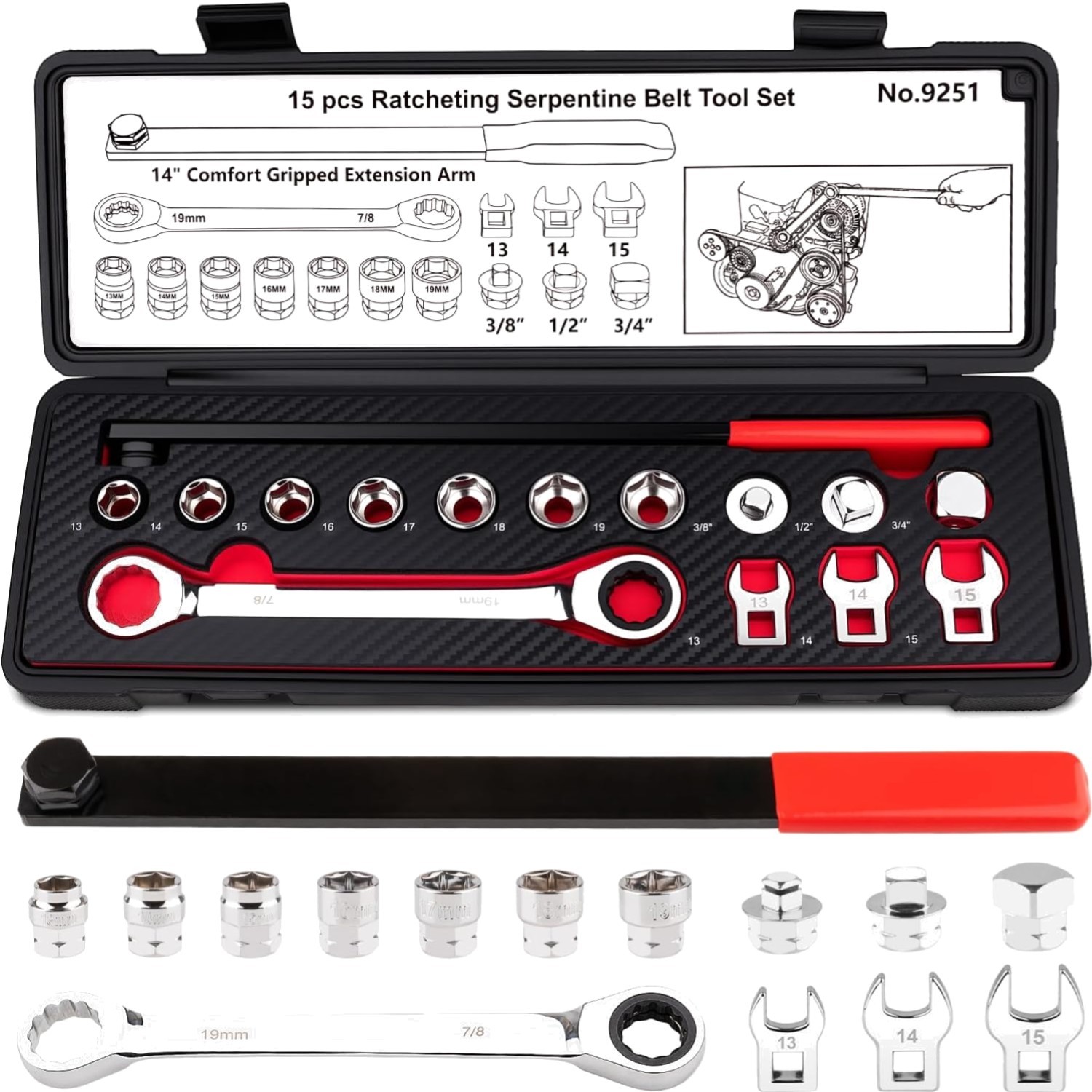 15PCS Chrome Vanadium Serpentine Belt Tool Set for Easy Automotive Maintenance