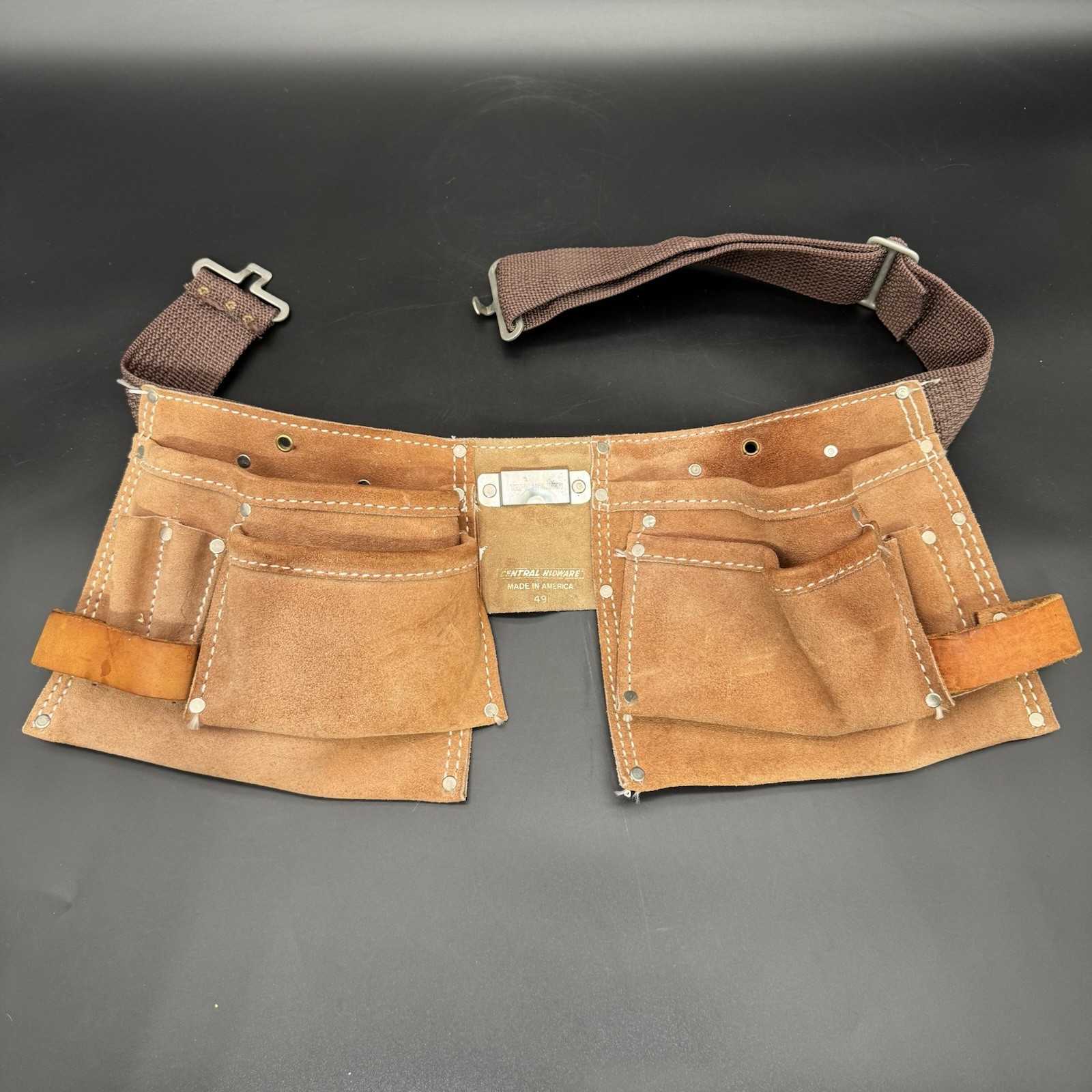 Multi Pocket Leather Tool Belt Locking Adjustable Waist Belt Central Hardware