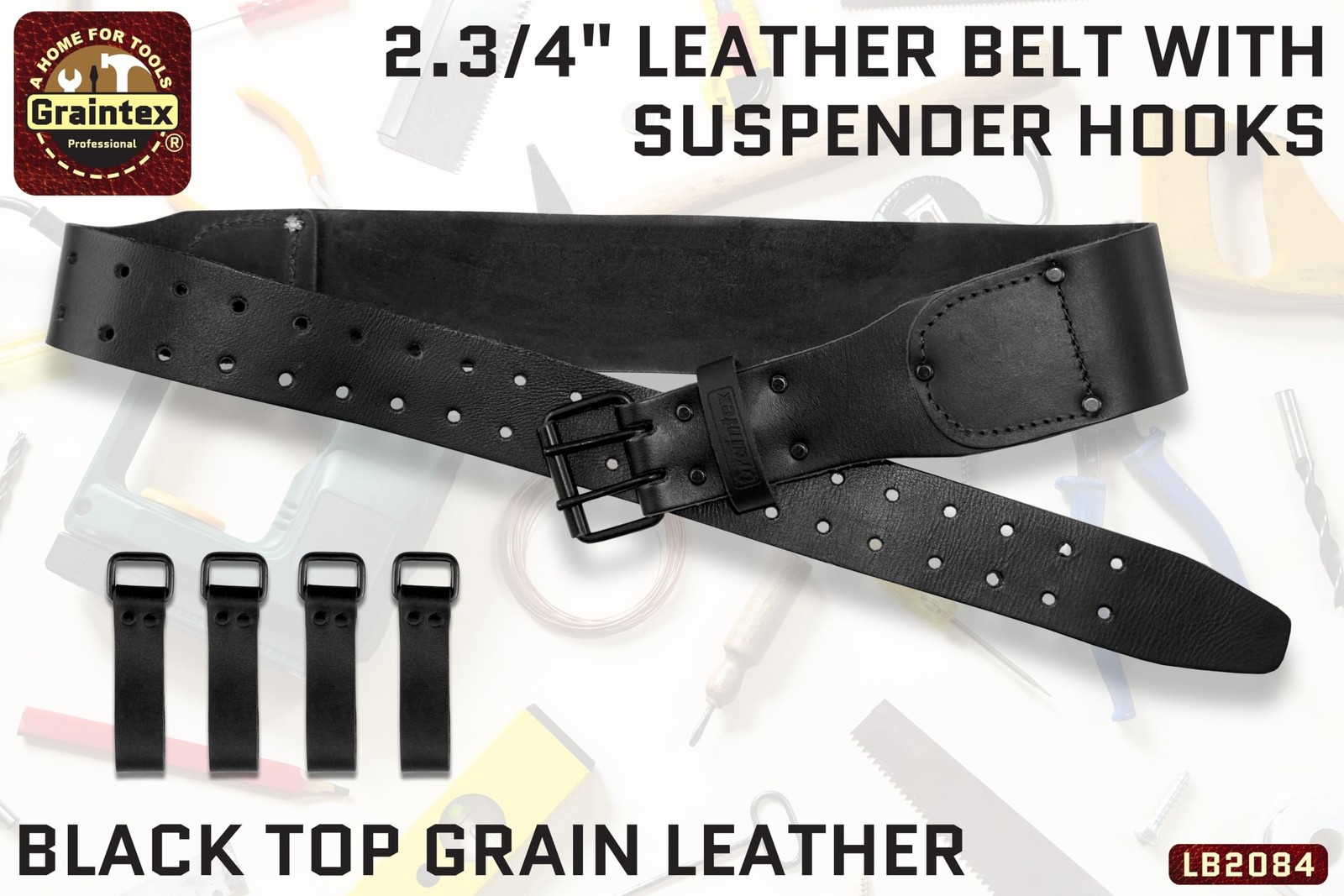 LB2084 2.3/4” Top Grain Leather Belt With 4 Suspender Hooks Black Color for F…