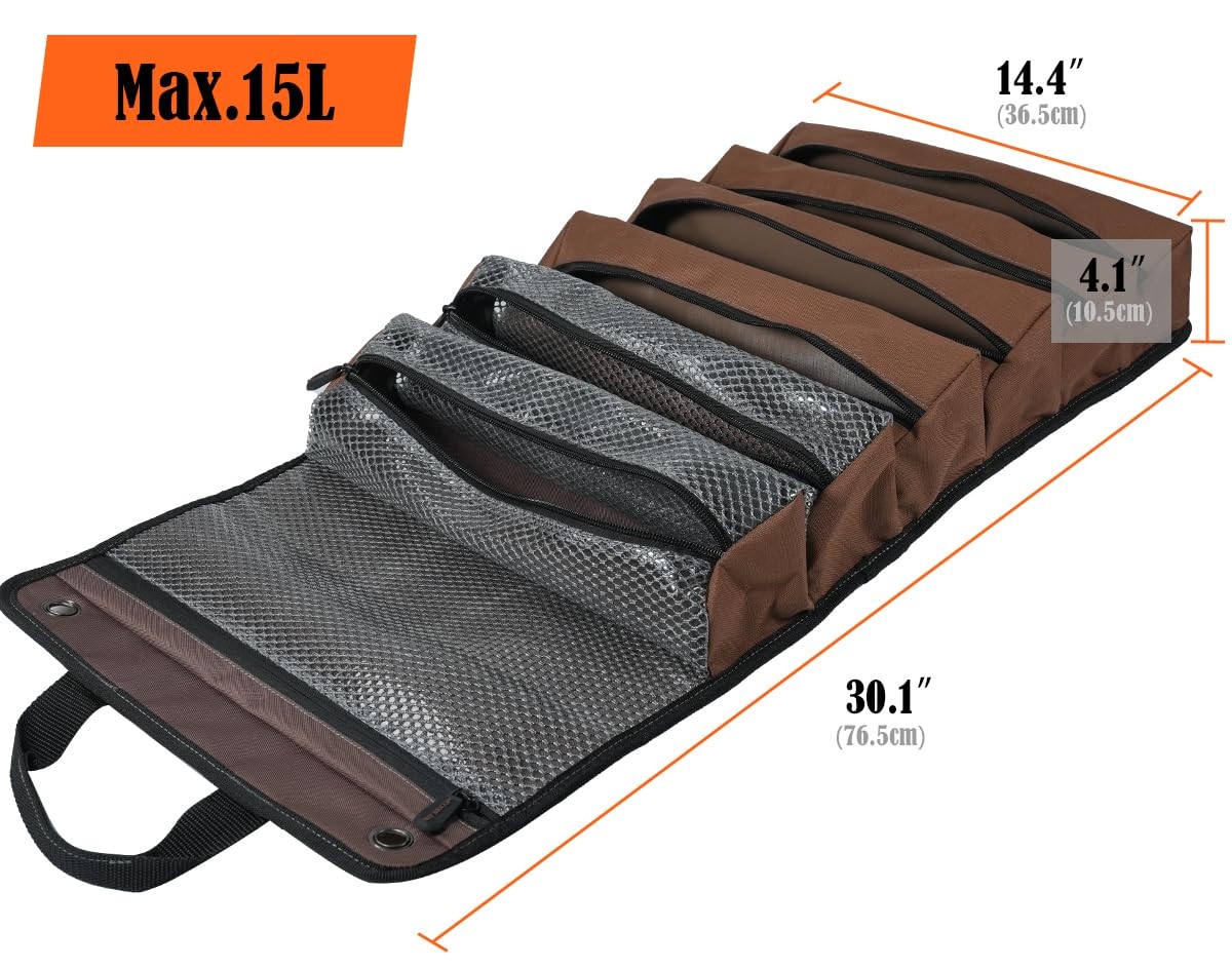 WELKINLAND Heavy-Duty Waxed Canvas Tool Roll, 7-Pockets Wrap Brown