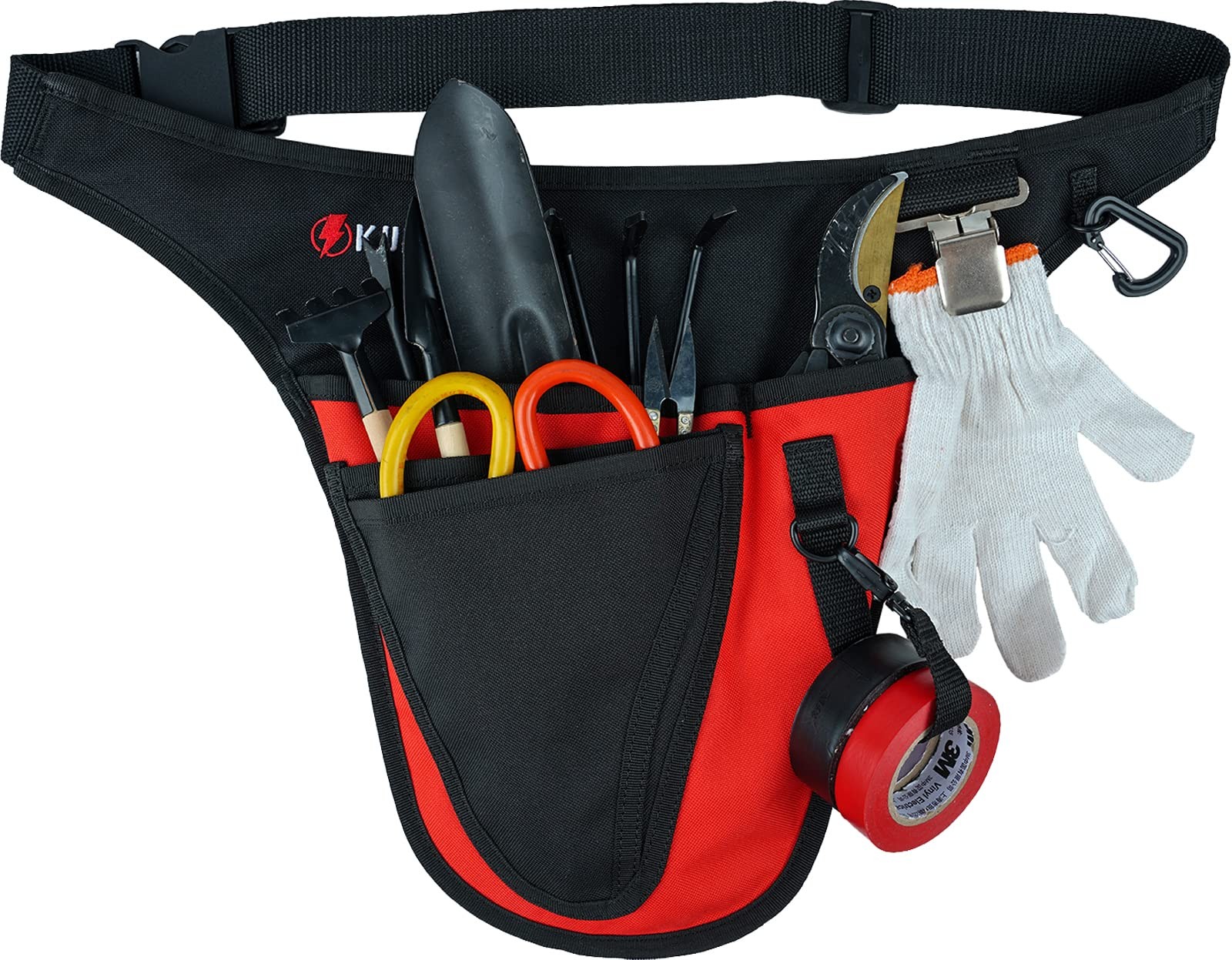 Red Garden Tool Belt with 4 Pockets Durable Adjustable Waist Pouch for Gardeners