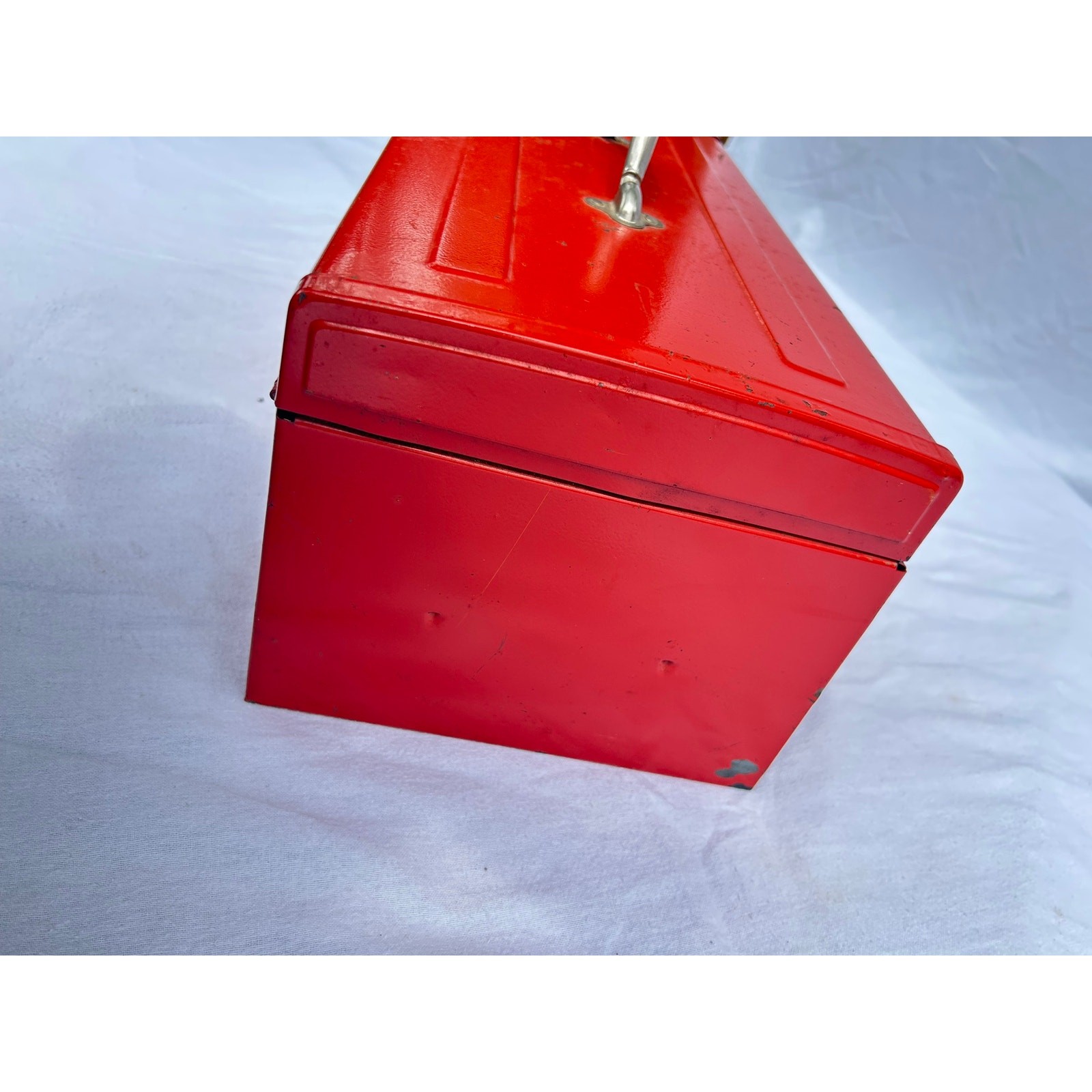 Vintage metal cherry red toolbox with pull out drawer