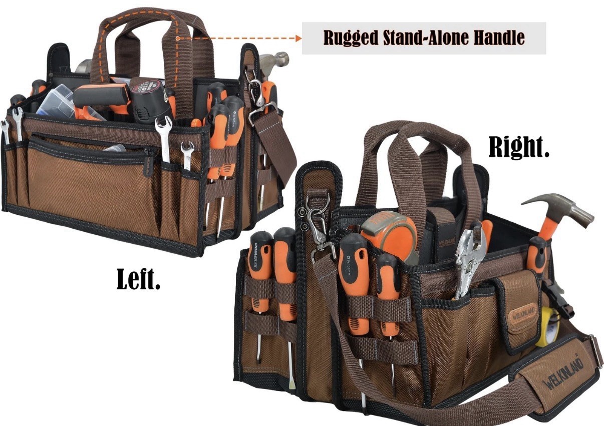 WELKINLAND 20-Pockets Tool Tote Bag, 16″ Electrician Black/Brown