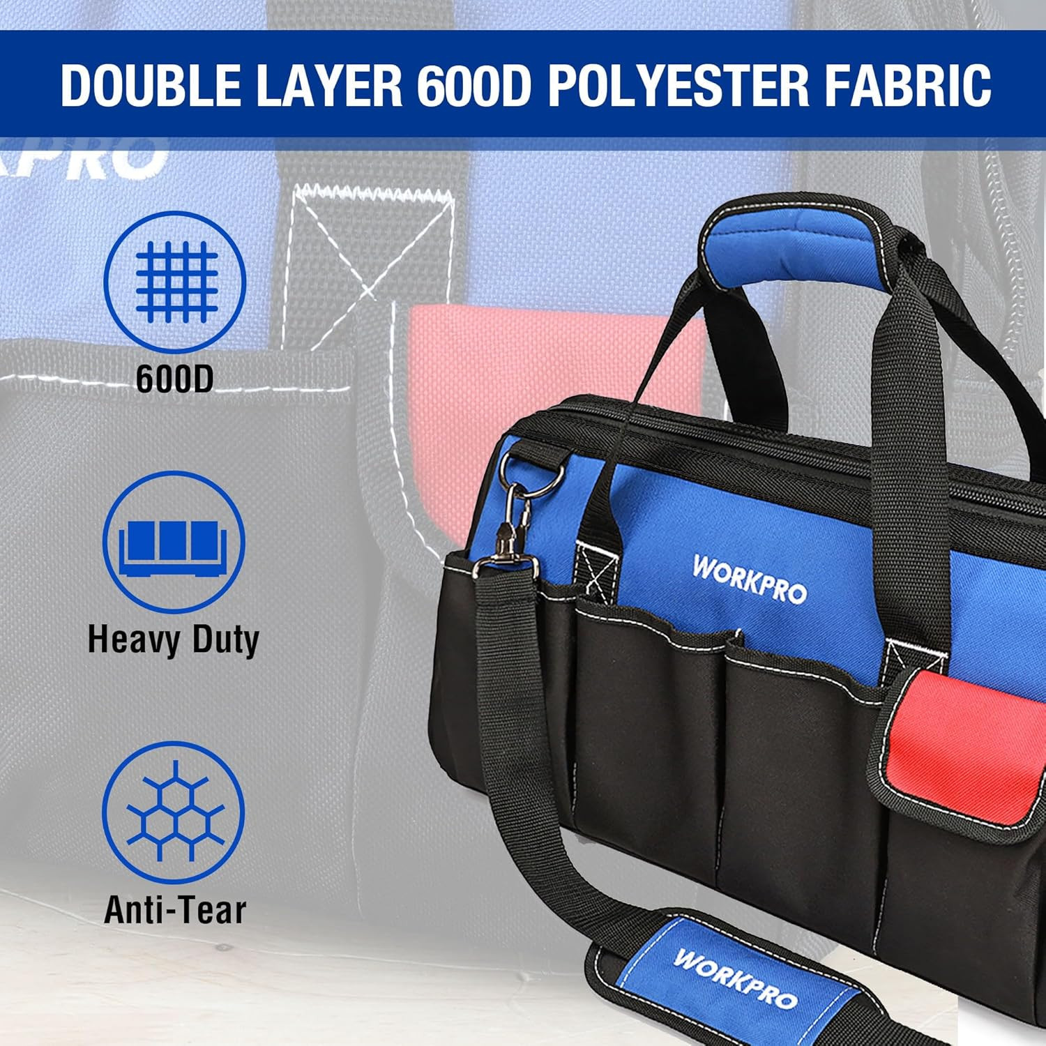 18-Inch Close Top Wide Mouth Storage Tool Bag with Adjustable Shoulder Strap, St