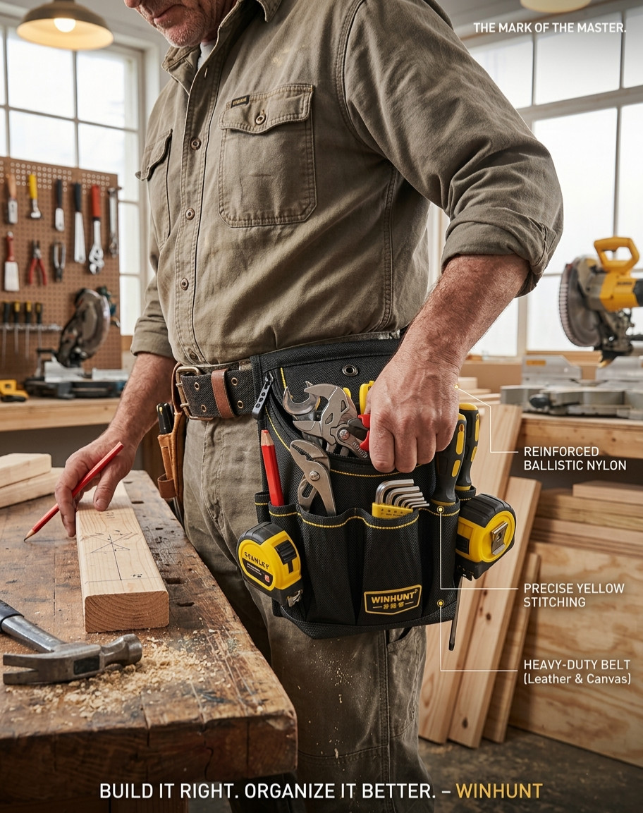 Professional 15-Pocket Tool Belt Pouch Heavy Duty Electrician Waist Bag Black