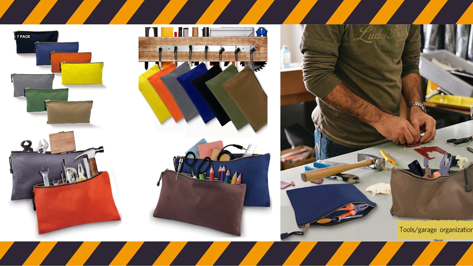 Heavy Duty Canvas Tool Bag Organizer – 7 Assorted Zipper Utility Pouches for Too