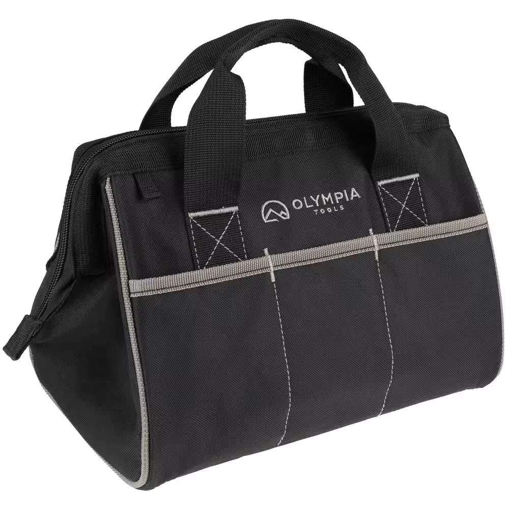 12 In. Black Weather-Resistant Wide Mouth Tool Bag, Adjustable Shoulder Strap